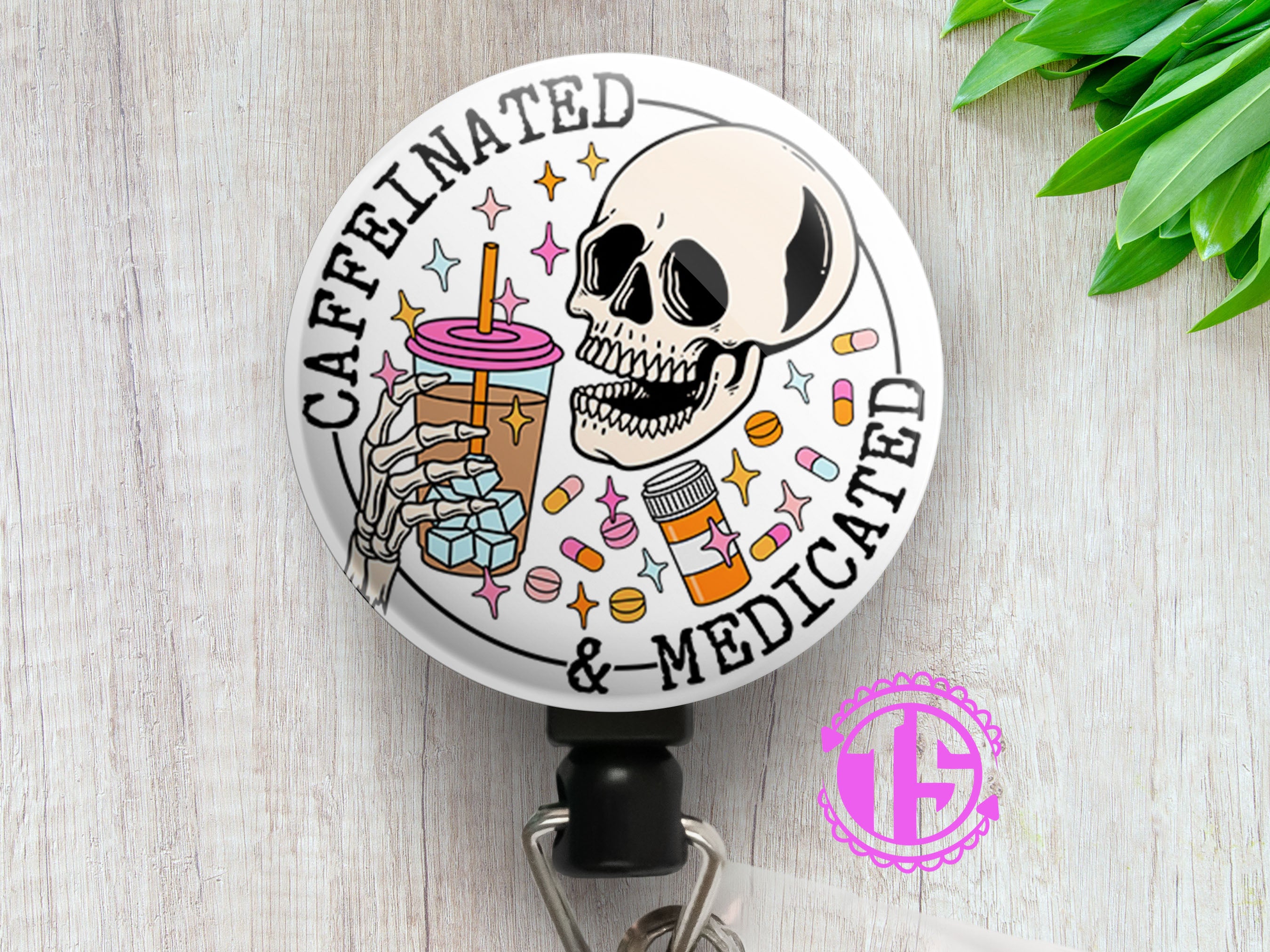 Caffeinated & Medicated Skull Swapfinity Retractable ID Badge Reel - - Topperswap