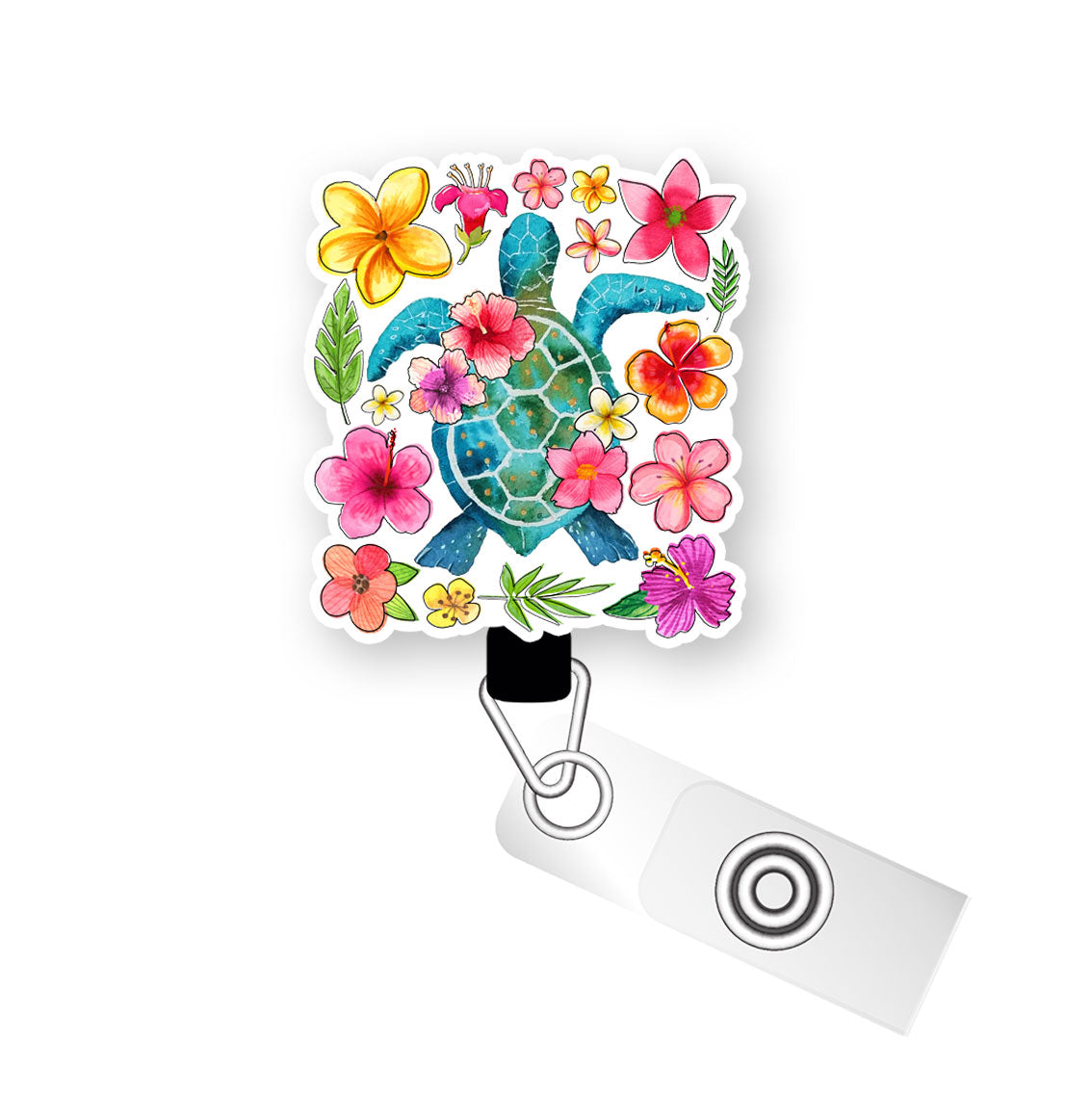 Tropical Turtle Bloom Pop Topper Swapfinity Retractable ID Badge Reel - Alligator Clip / Flex - Matte - Topperswap