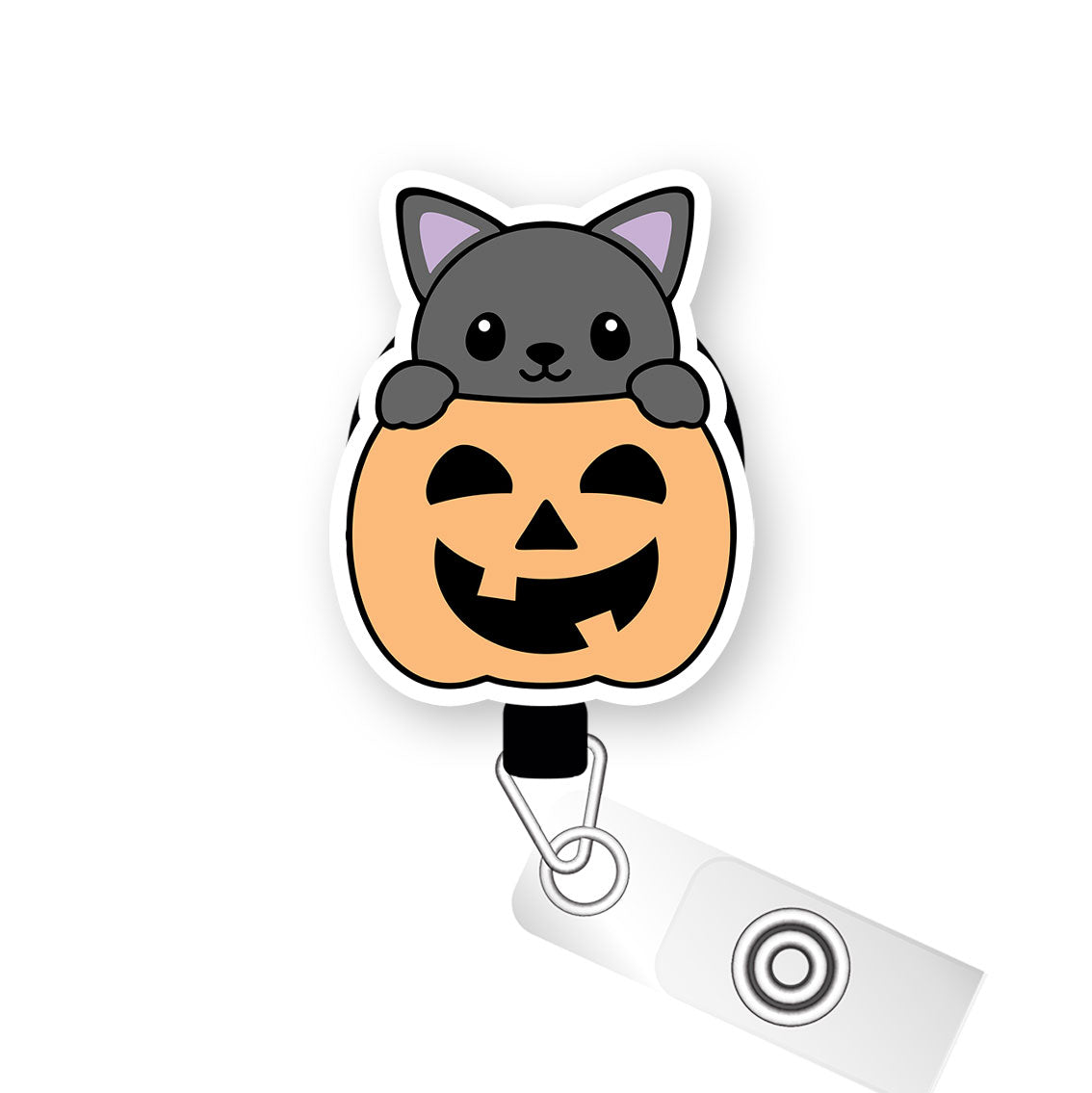Pumpkin Peek-a-Boo Cat Pop Topper Swapfinity Retractable ID Badge Reel - Alligator Clip / Premium Matte - Topperswap