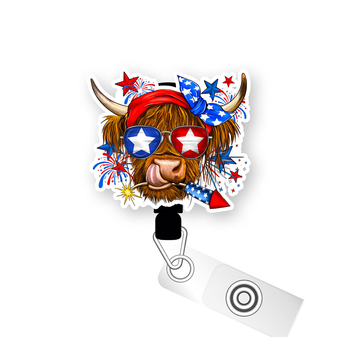 Firecracker Patriotic Cow Pop Topper Swapfinity Retractable ID Badge Reel - - Topperswap