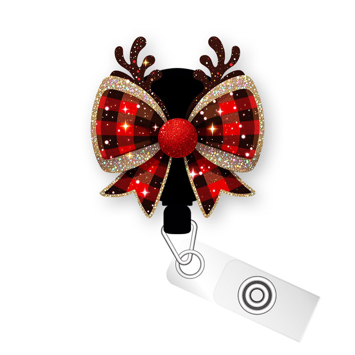 Plaid Reindeer Bow Pop Topper Swapfinity Retractable ID Badge Reel - Alligator Clip / Flex - Matte - Topperswap