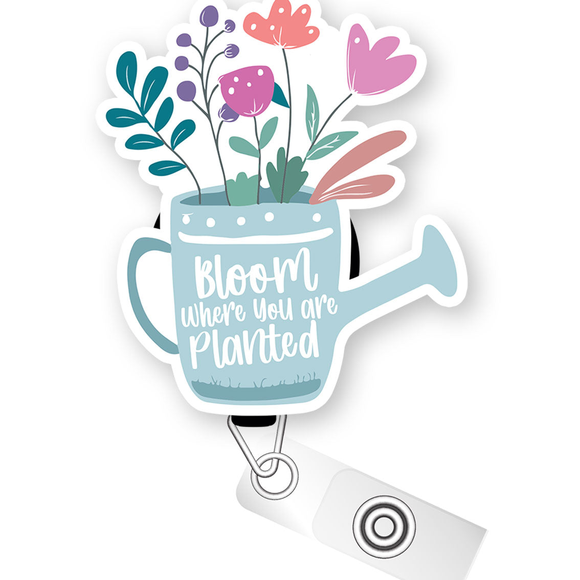 Watering Can Wisdom – Bloom Where You Are Planted Pop Topper Swapfinity Retractable ID Badge Reel - Alligator Clip / Flex - Matte - Topperswap