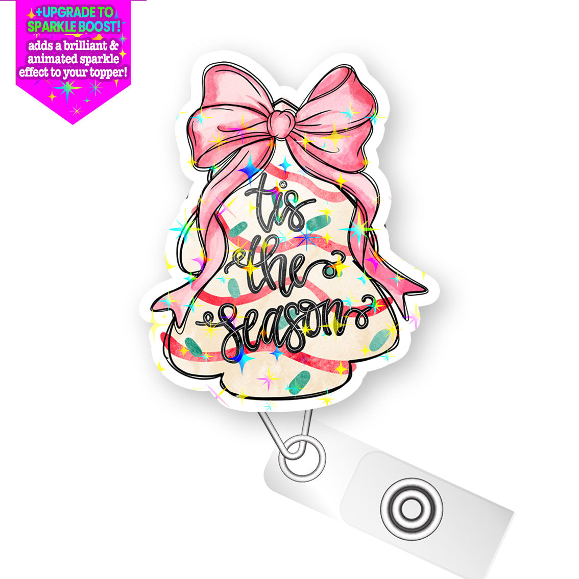 Pink Bow Christmas Tree Snack Cake Pop Topper Swapfinity Retractable ID Badge Reel - - Topperswap