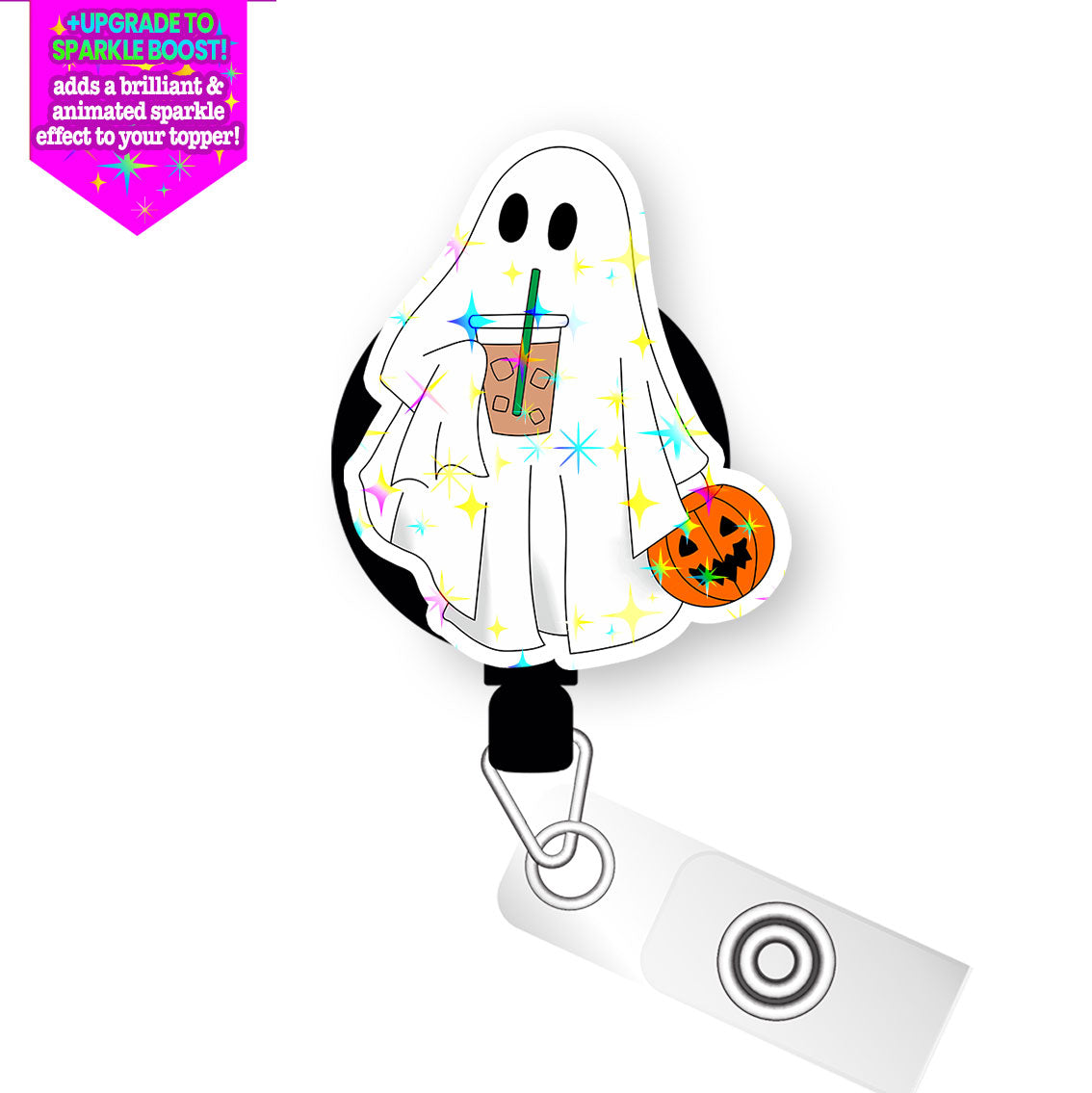 Iced Boo Latte Ghost Pop Topper Swapfinity Retractable ID Badge Reel - - Topperswap