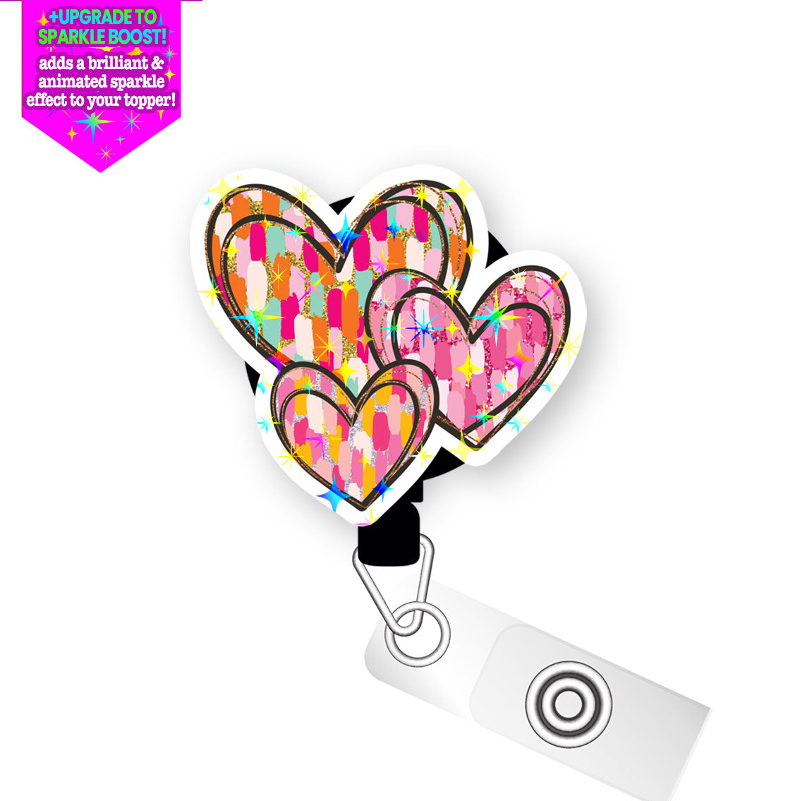 Heart Patchwork Trio Pop Topper Swapfinity Retractable ID Badge Reel - - Topperswap