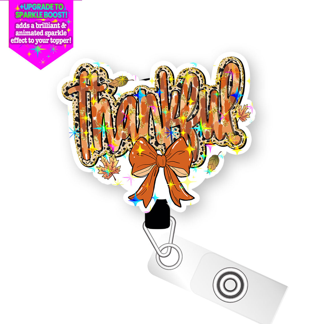 Thankful Leopard Bow Pop Topper Swapfinity Retractable ID Badge Reel - - Topperswap