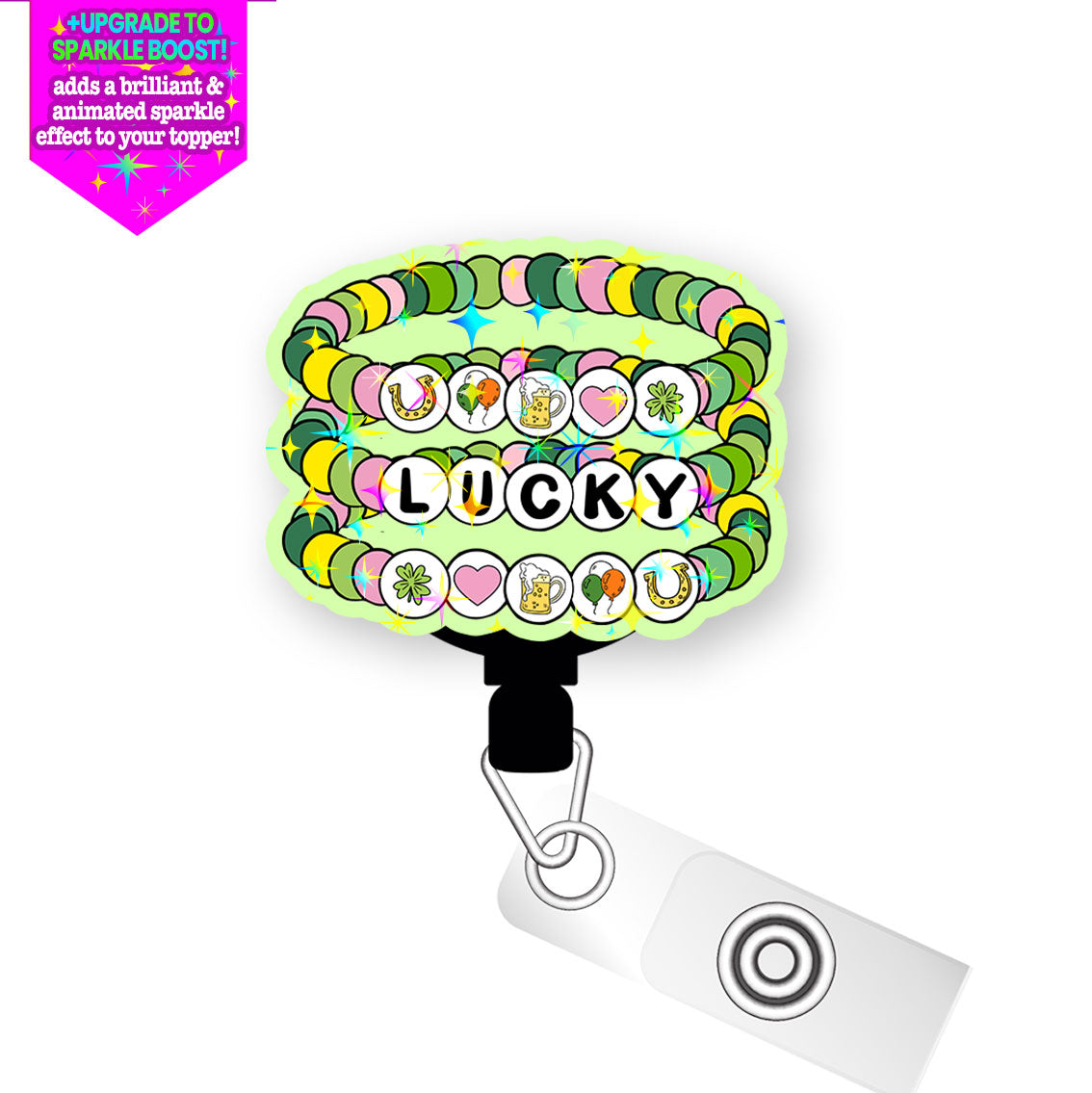 Lucky Bracelet Pop Topper Swapfinity Retractable ID Badge Reel - Alligator Clip / Flex - Make it Sparkle - Topperswap