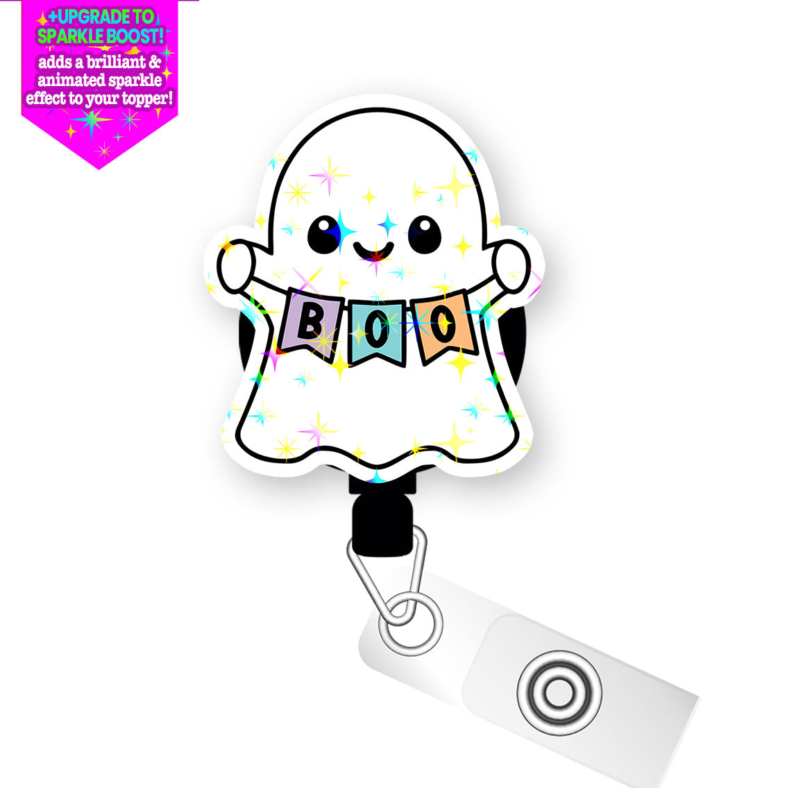 Boo-tiful Banner Ghost Pop Topper Swapfinity Retractable ID Badge Reel - Alligator Clip / Make it Sparkle - Topperswap