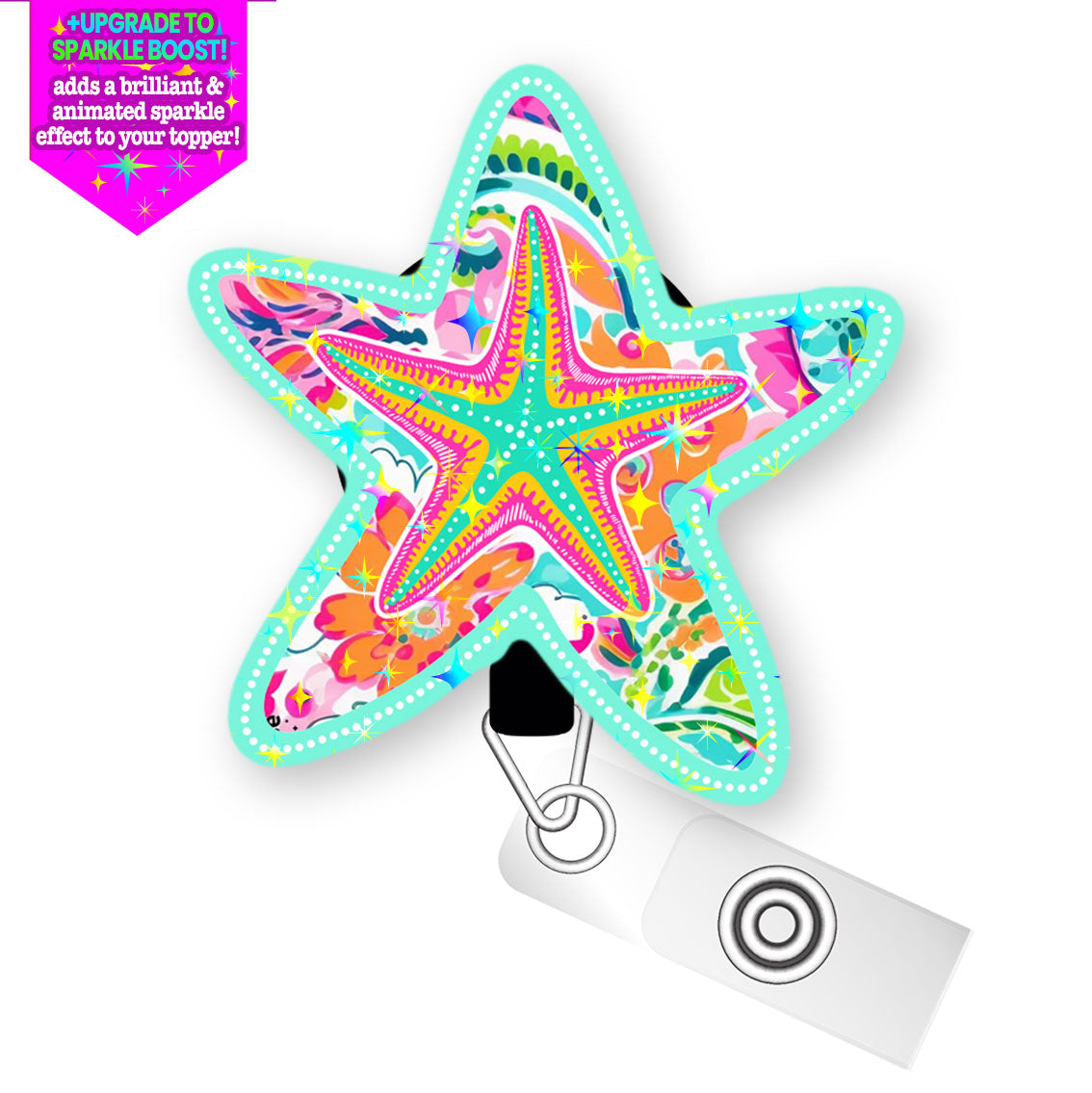 Starfish Splash Pop Topper Swapfinity Retractable ID Badge Reel - - Topperswap