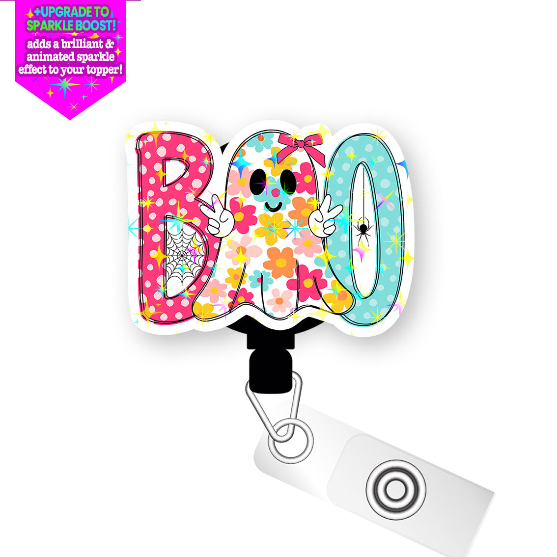 Groovy Flower Boo Pop Topper Swapfinity Retractable ID Badge Reel - Alligator Clip / Make it Sparkle - Topperswap