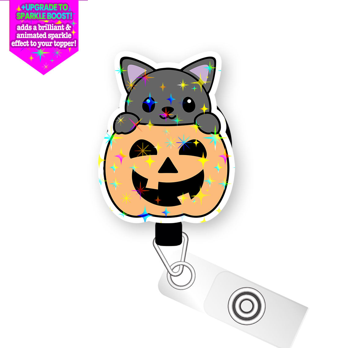 Pumpkin Peek-a-Boo Cat Pop Topper Swapfinity Retractable ID Badge Reel - Alligator Clip / Make it Sparkle - Topperswap