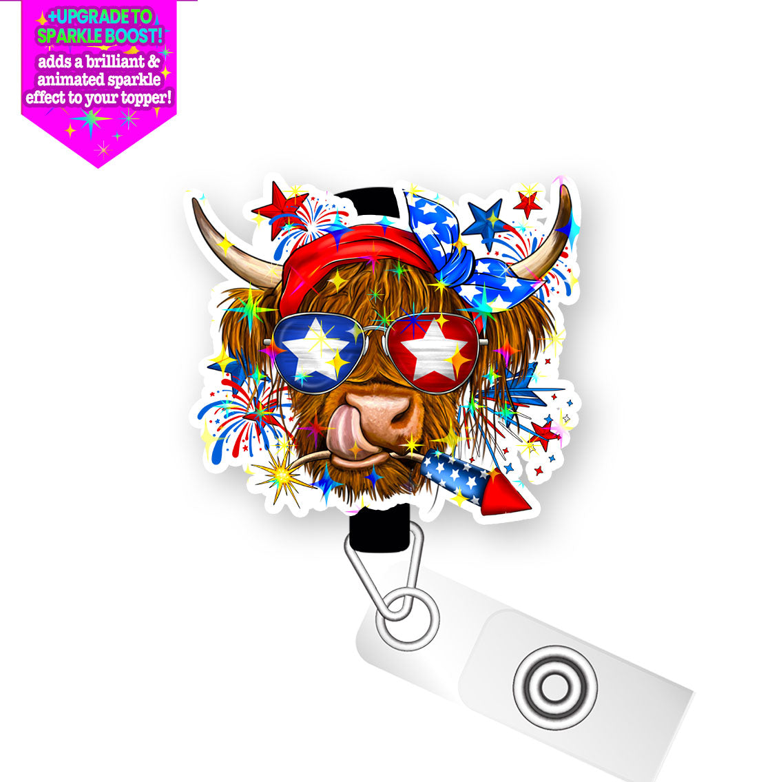 Firecracker Patriotic Cow Pop Topper Swapfinity Retractable ID Badge Reel - - Topperswap