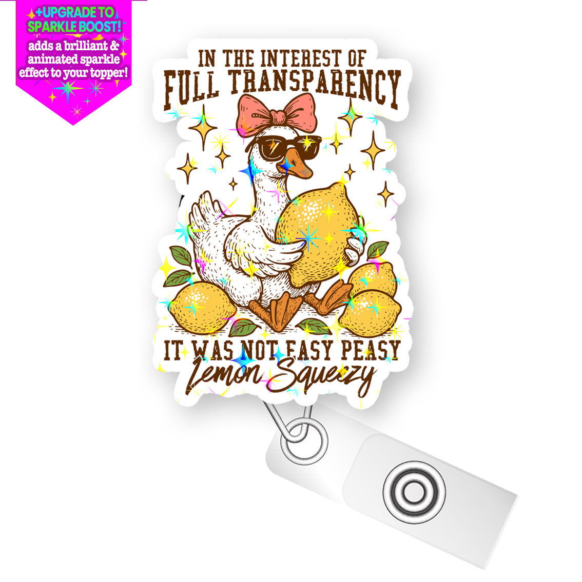 Not Easy Peasy Pop Topper Swapfinity Retractable ID Badge Reel - Alligator Clip / Flex - Make it Sparkle - Topperswap