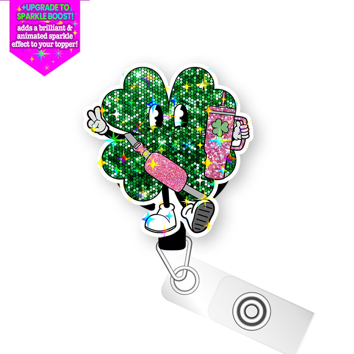 Glitter Shamrock Diva Pop Topper Swapfinity Retractable ID Badge Reel - - Topperswap