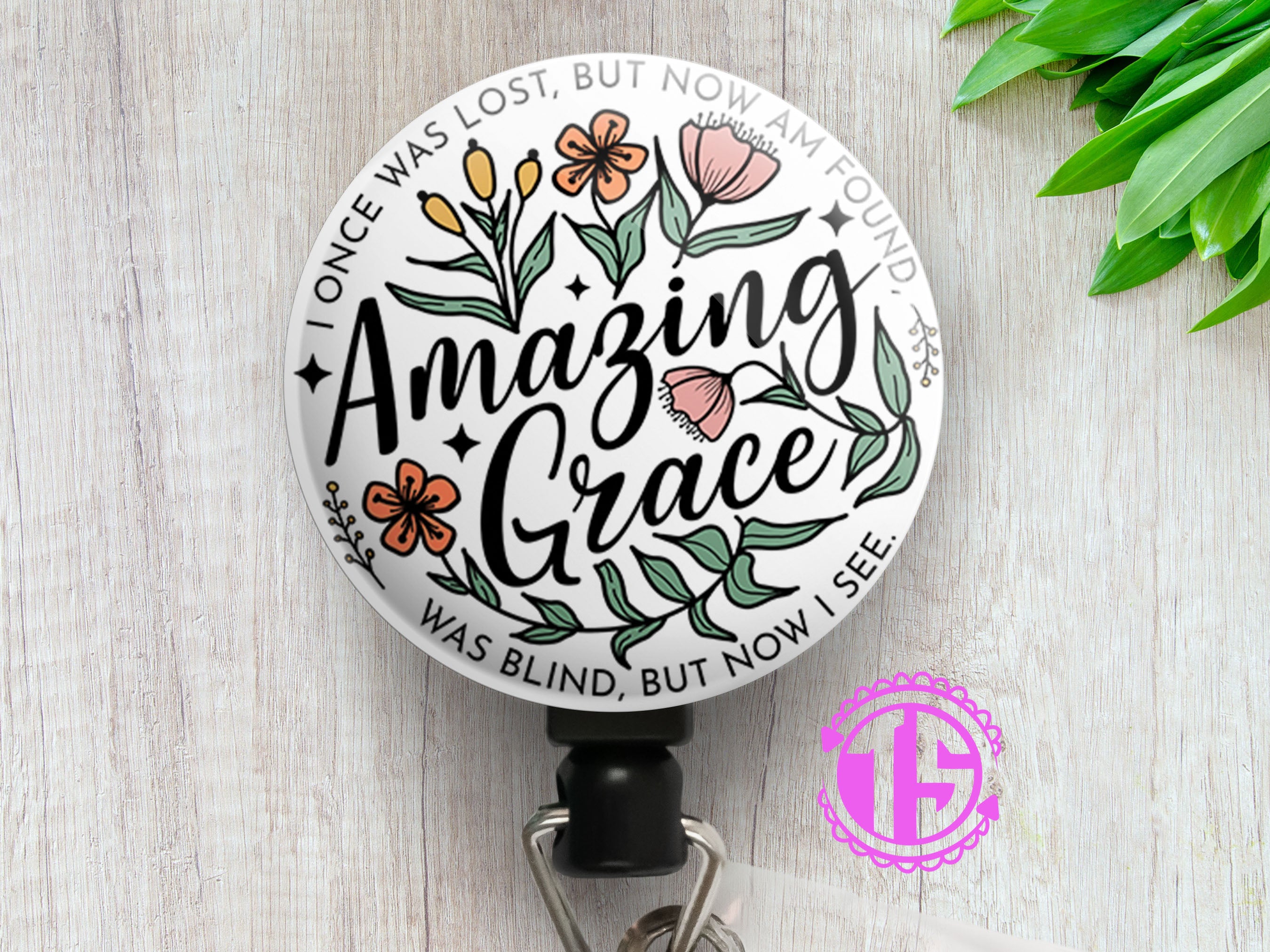 Amazing Grace Floral Swapfinity Retractable ID Badge Reel - Alligator Clip / Black - Topperswap