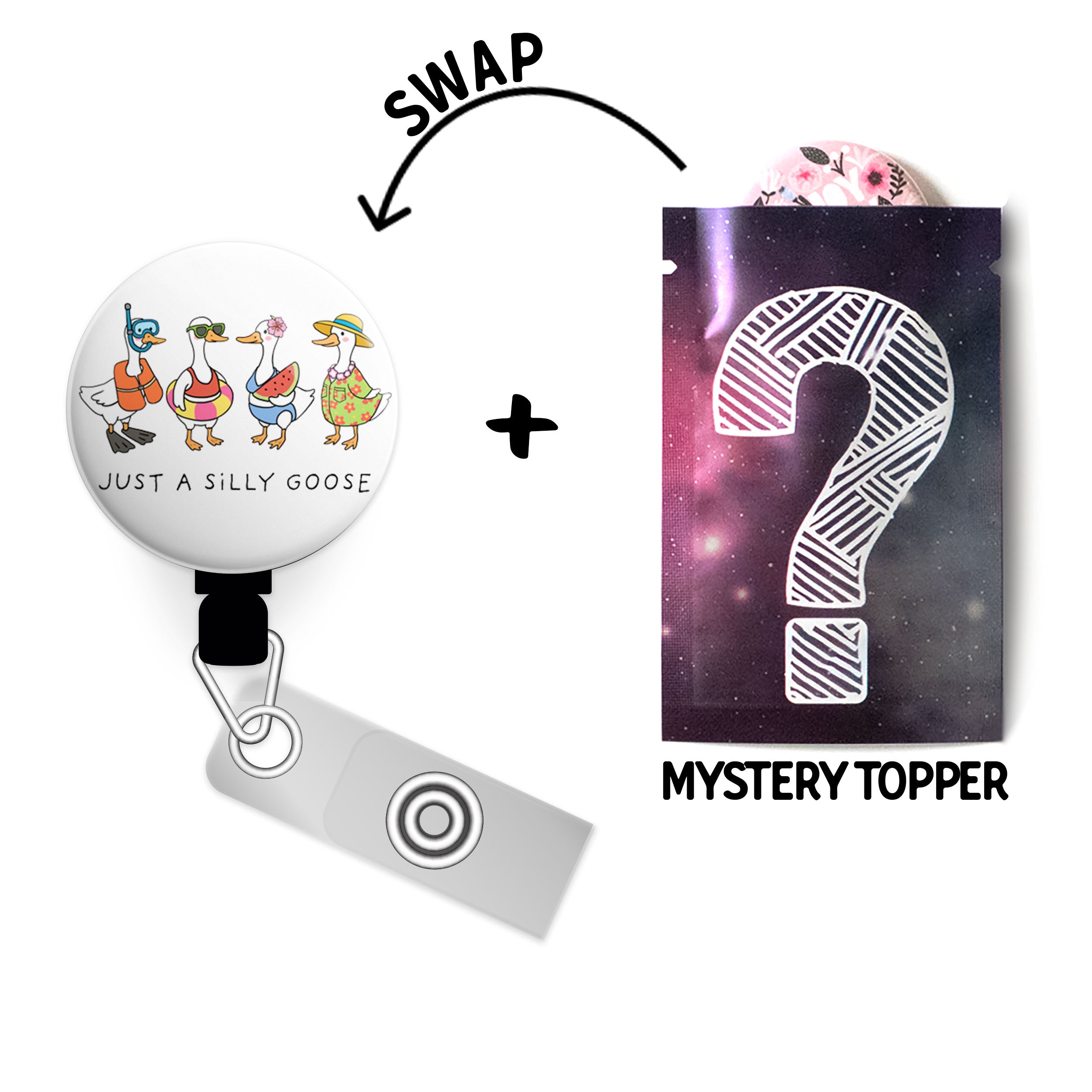 Flower Power Smile Swapfinity Retractable ID Badge Reel - Gator+Mystery Topper / Black - Topperswap