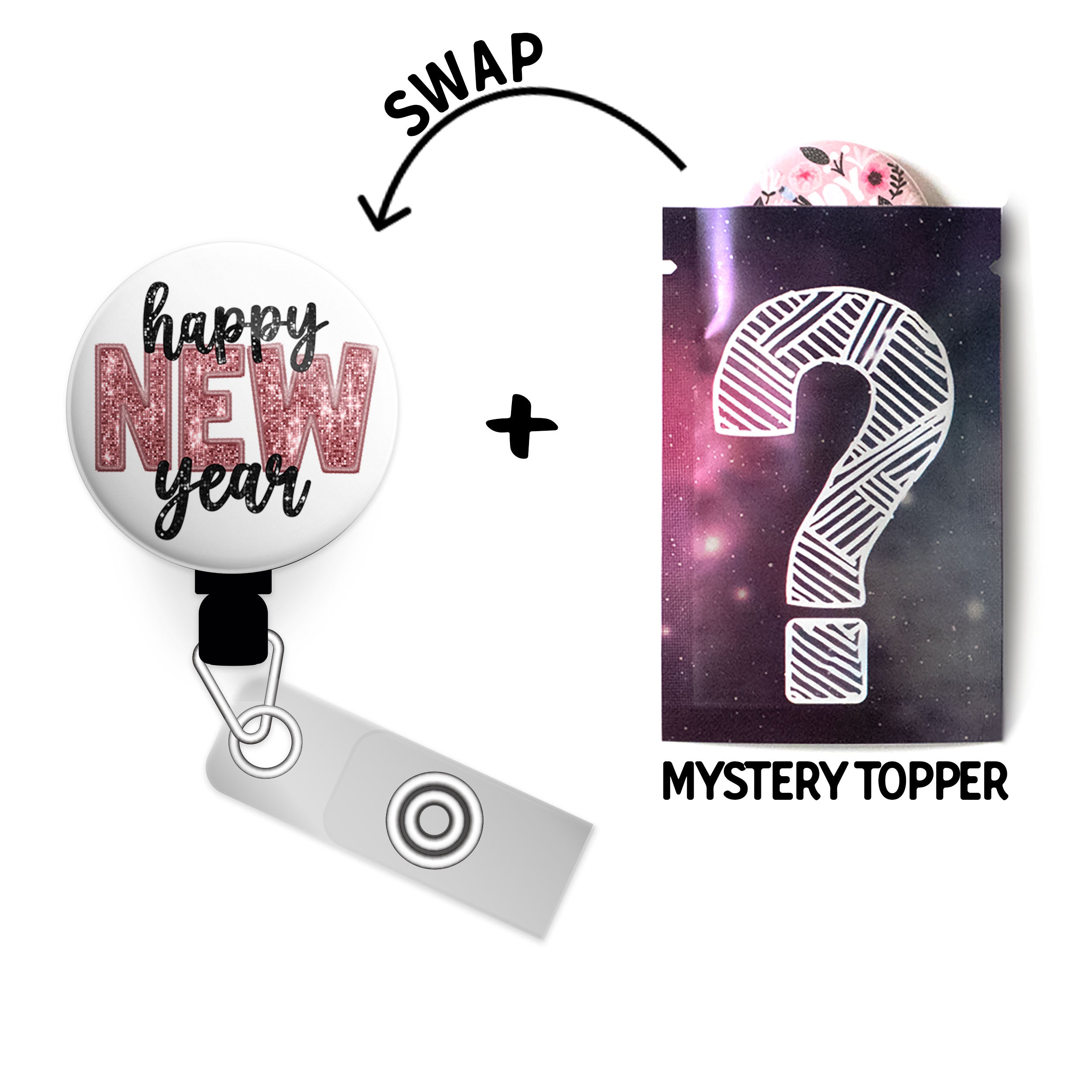 Rose Gold New Year Cheer Swapfinity Retractable ID Badge Reel - - Topperswap