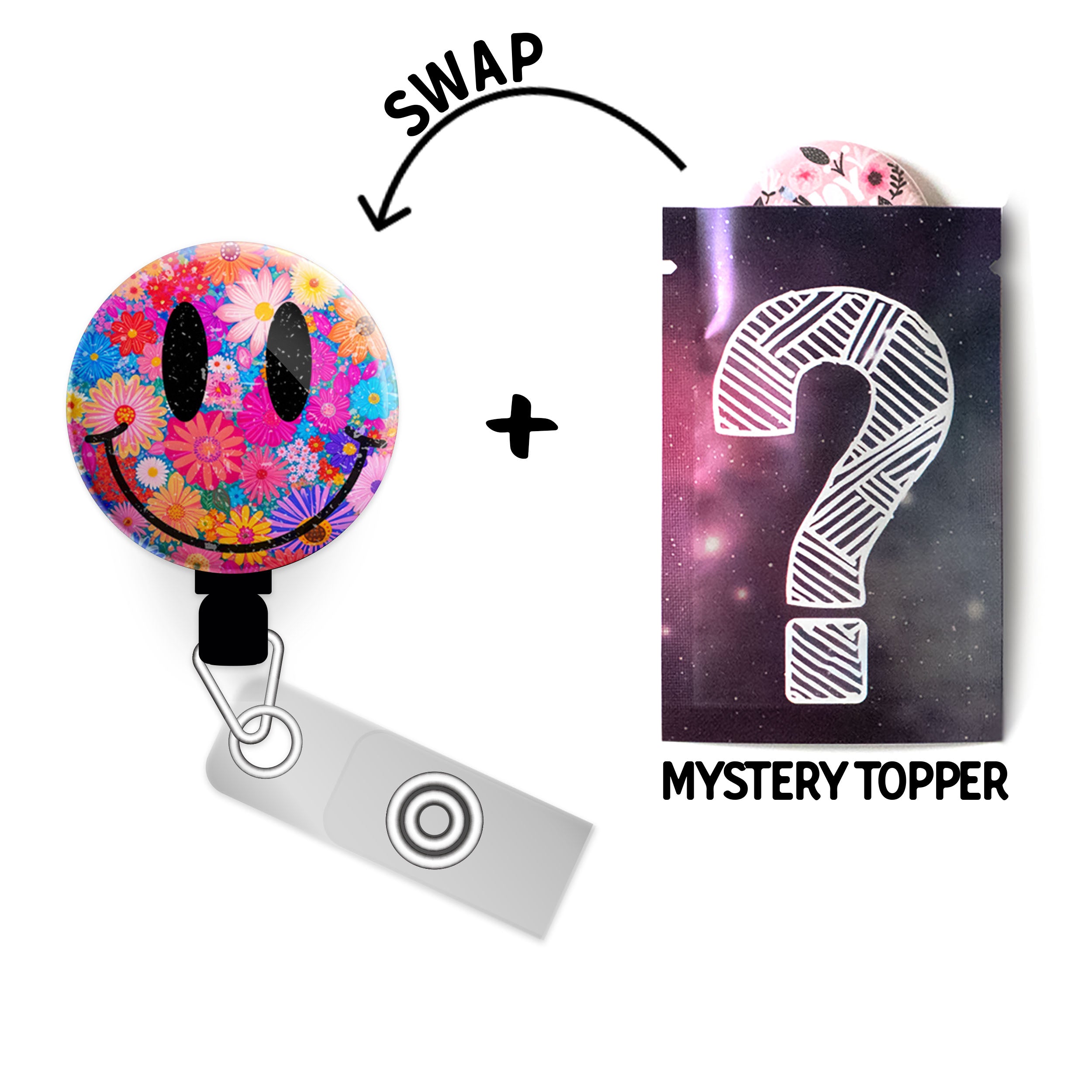 Flower Power Swapfinity Retractable ID Badge Reel - Gator+Mystery Topper / Black - Topperswap