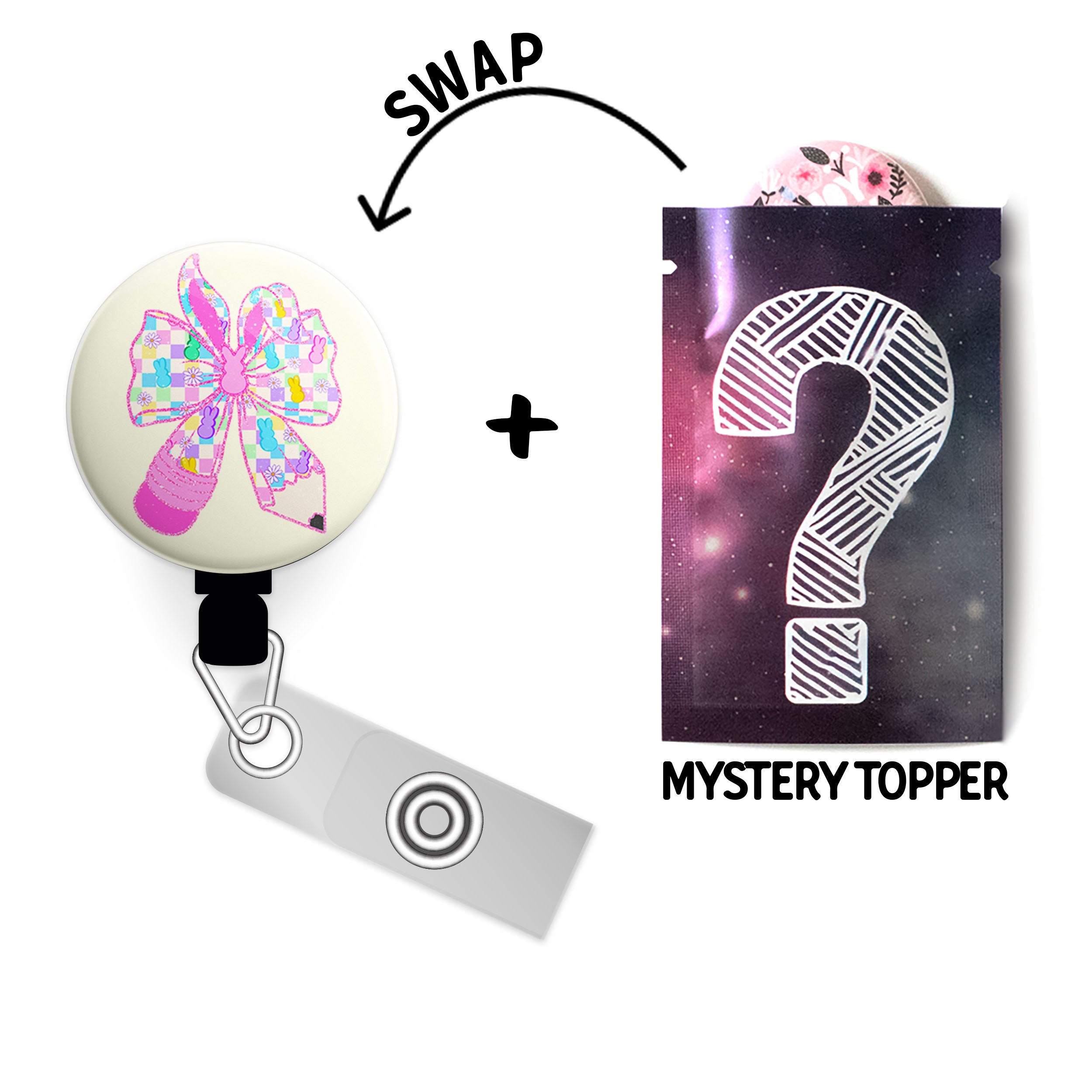 Bunny Bow Glitter Swapfinity Retractable ID Badge Reel - - Topperswap