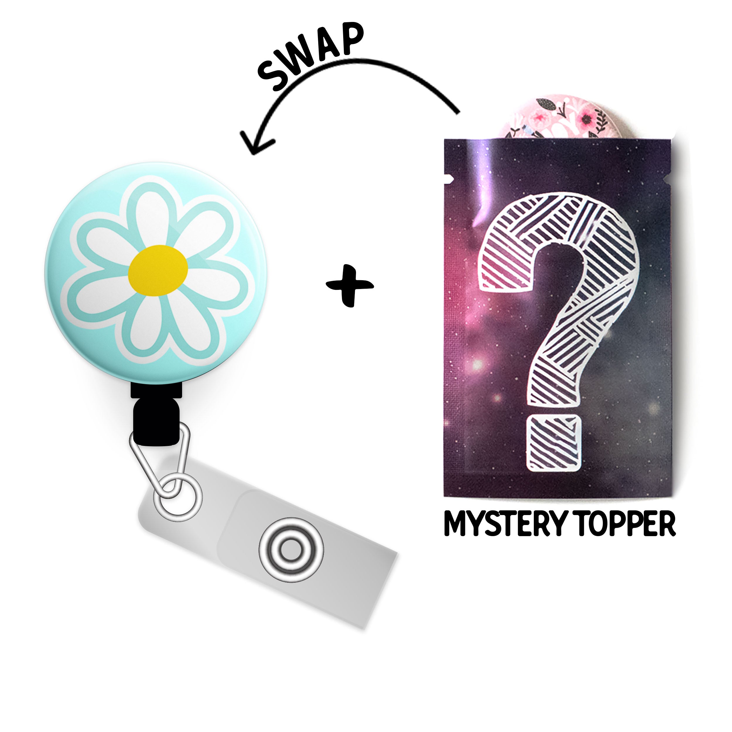 Daisy Delight Swapfinity Retractable ID Badge Reel - Gator+Mystery Topper / Black - Topperswap