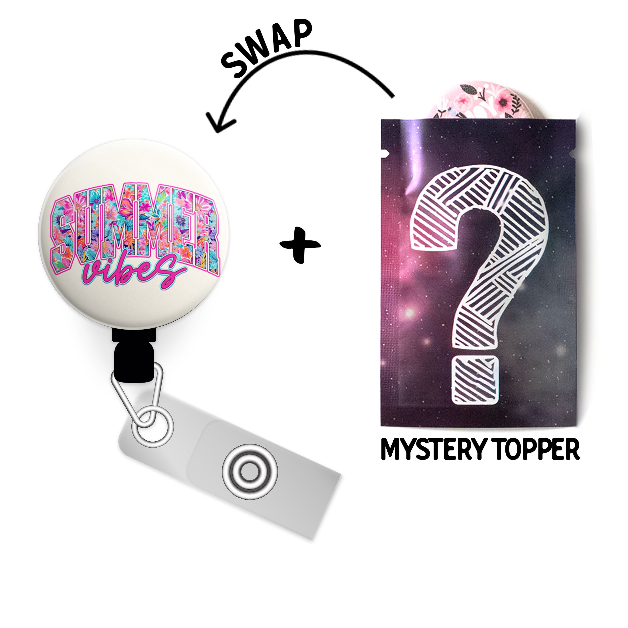 Summer Vibes Swapfinity Retractable ID Badge Reel - Gator+Mystery Topper / Black - Topperswap