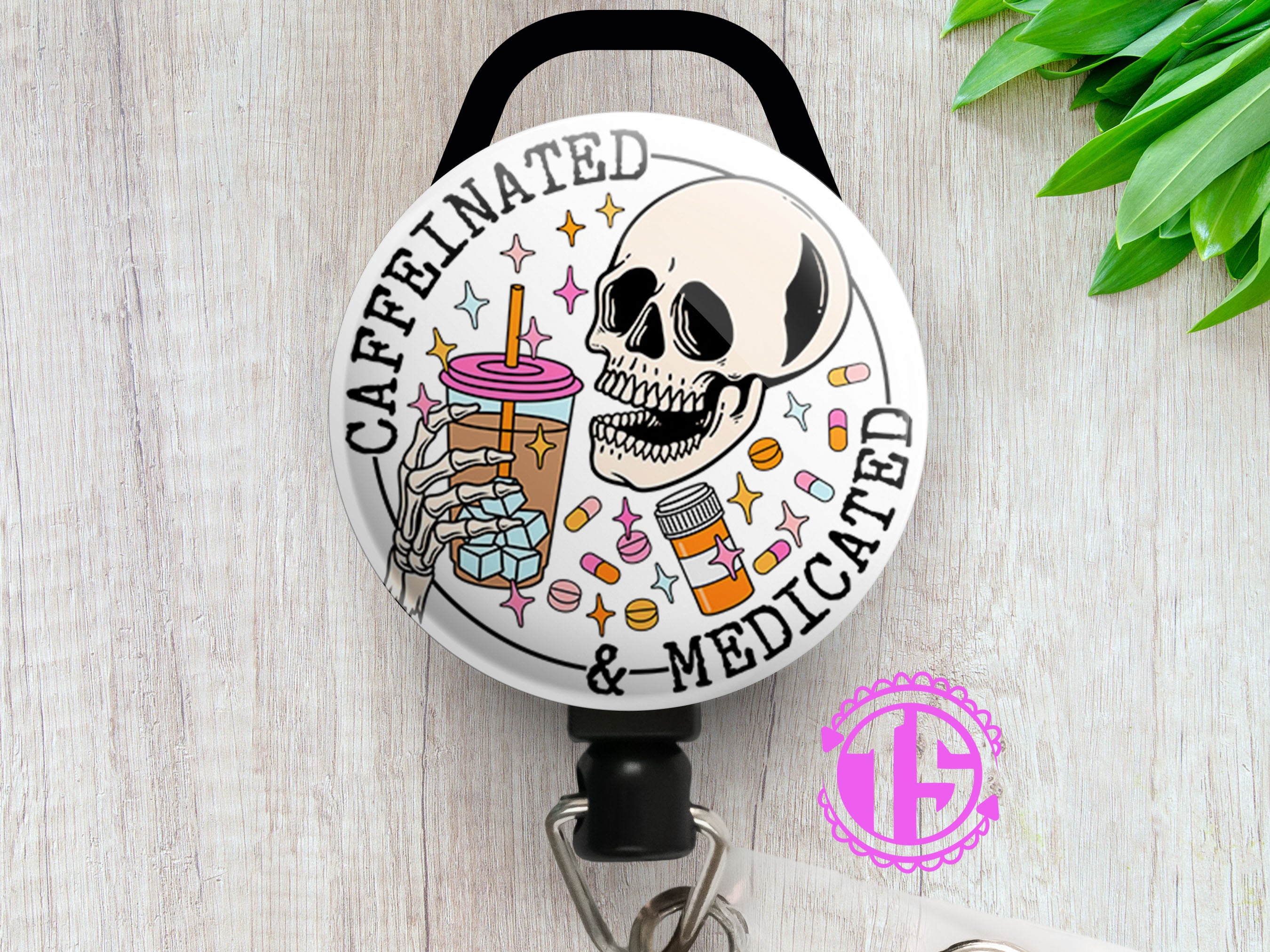 Caffeinated & Medicated Skull Swapfinity Retractable ID Badge Reel - - Topperswap