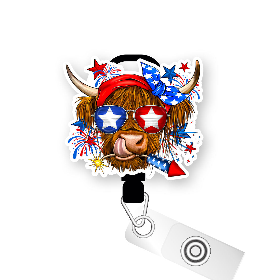 Firecracker Patriotic Cow Pop Topper Swapfinity Retractable ID Badge Reel - - Topperswap