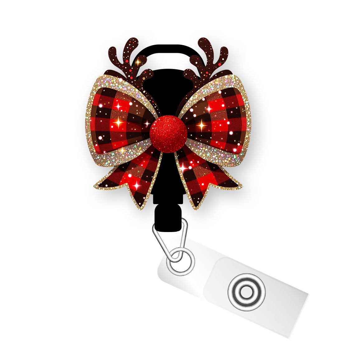 Plaid Reindeer Bow Pop Topper Swapfinity Retractable ID Badge Reel - - Topperswap