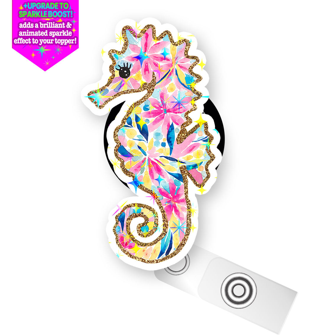 Sea You Sparkle Seahorse Pop Topper Swapfinity Retractable ID Badge Reel - - Topperswap