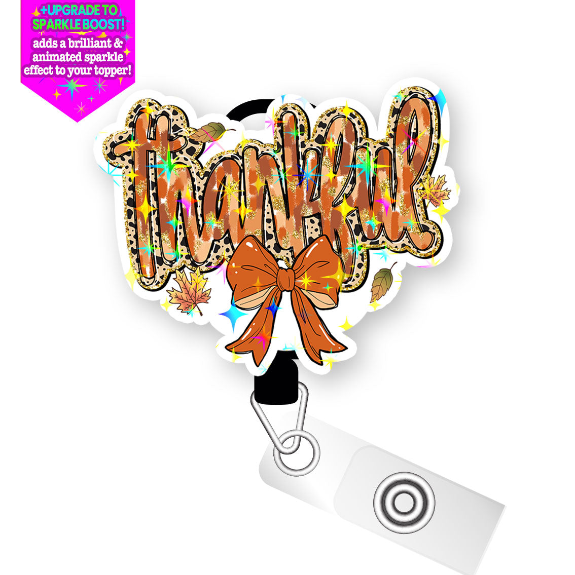 Thankful Leopard Bow Pop Topper Swapfinity Retractable ID Badge Reel - - Topperswap