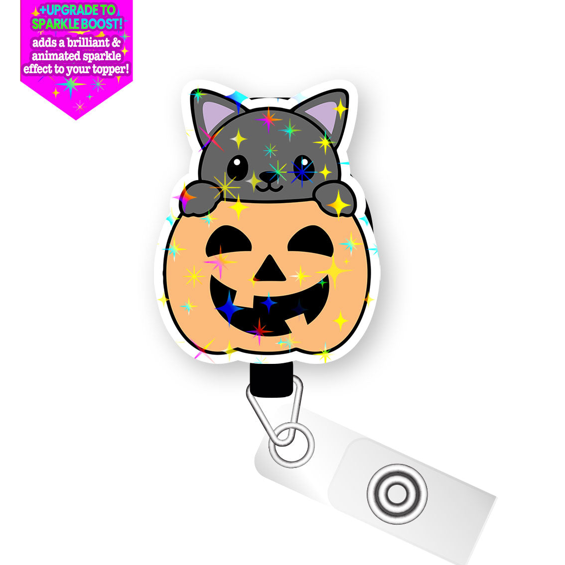 Pumpkin Peek-a-Boo Cat Pop Topper Swapfinity Retractable ID Badge Reel - Slide Clip / Make it Sparkle - Topperswap