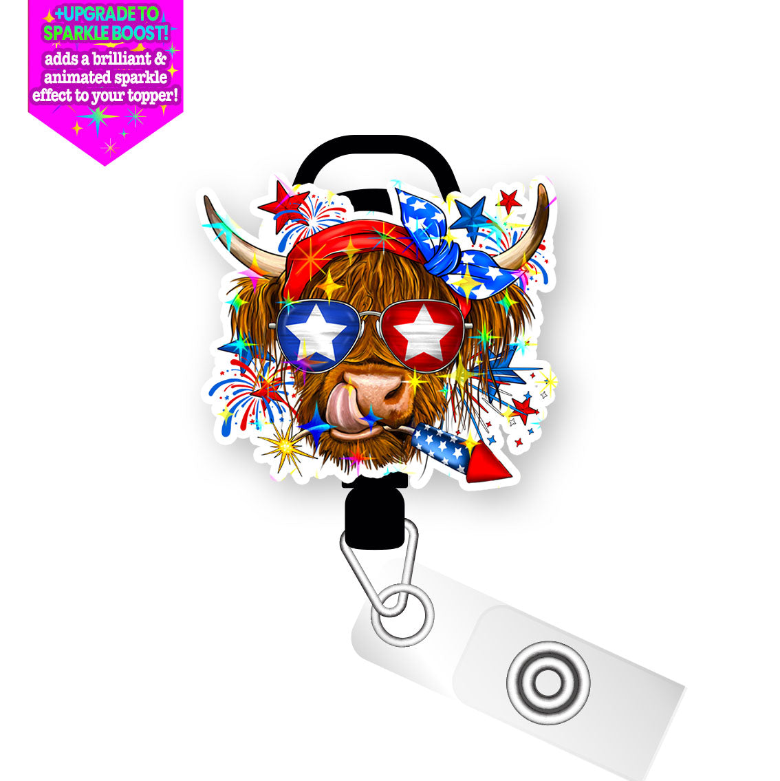 Firecracker Patriotic Cow Pop Topper Swapfinity Retractable ID Badge Reel - - Topperswap