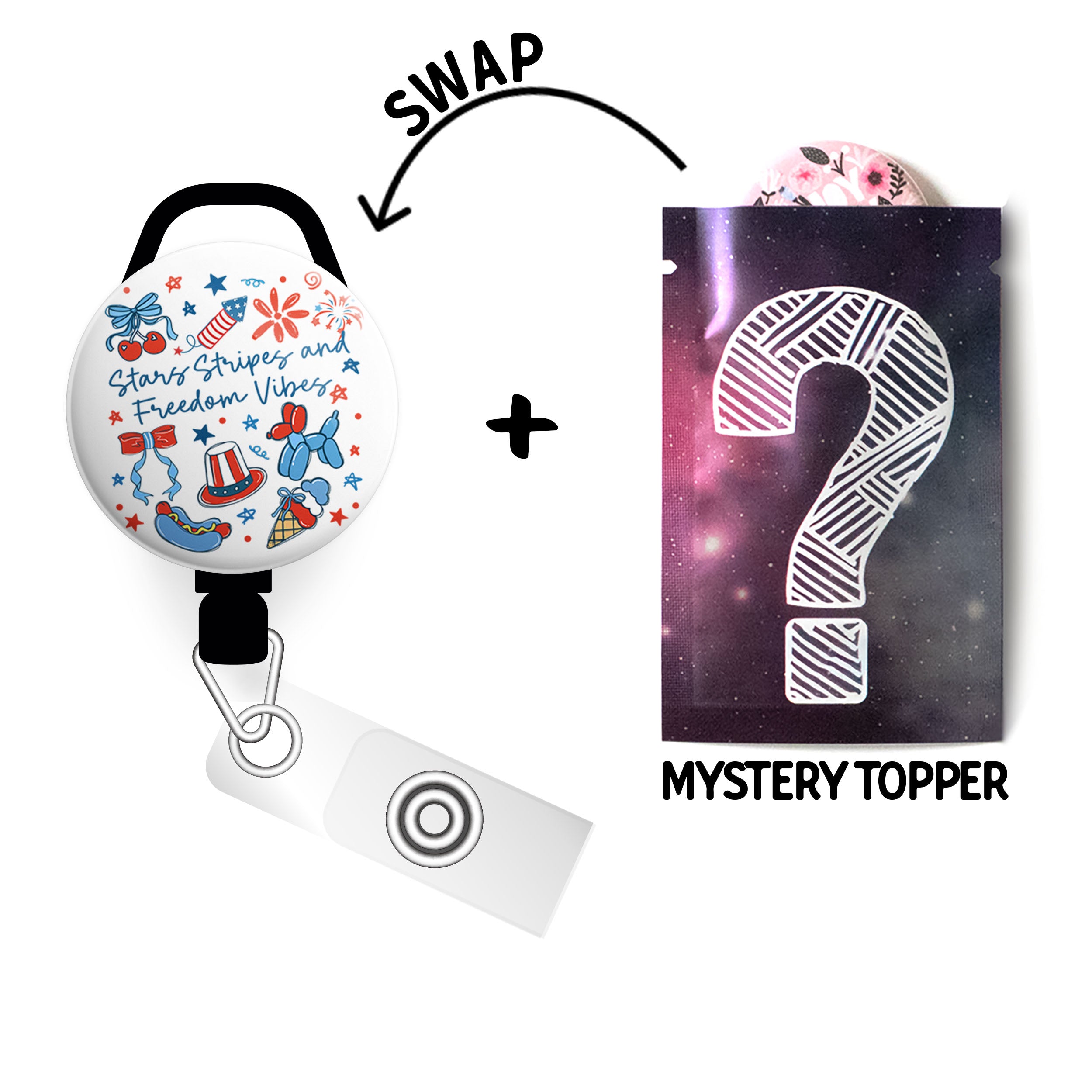 Stars, Stripes & Freedom Vibes Swapfinity Retractable ID Badge Reel - Slide+Mystery Topper / Black - Topperswap