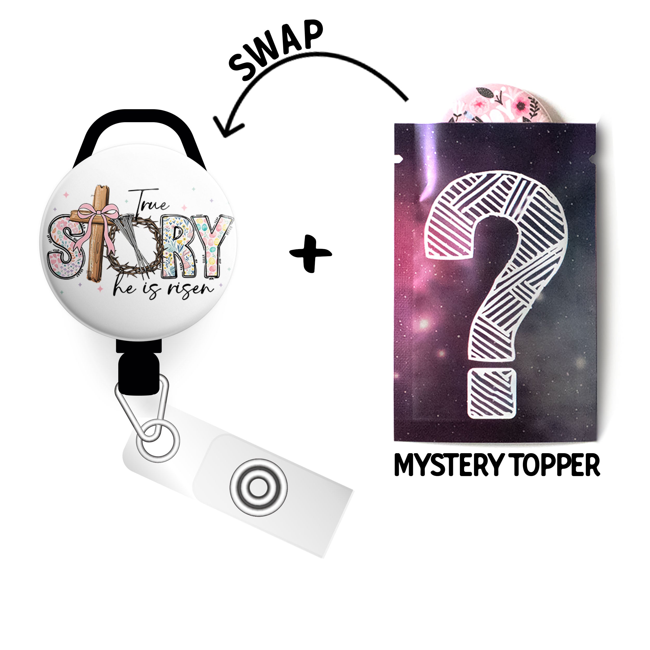 True Story Easter Swapfinity Retractable ID Badge Reel - Slide+Mystery Topper / Black - Topperswap