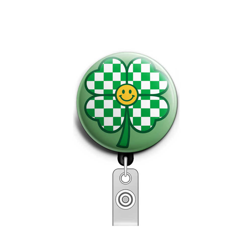 Checkered Groovy Clover Smiley ☘️😊 Swapfinity Retractable ID Badge Reel - - Topperswap