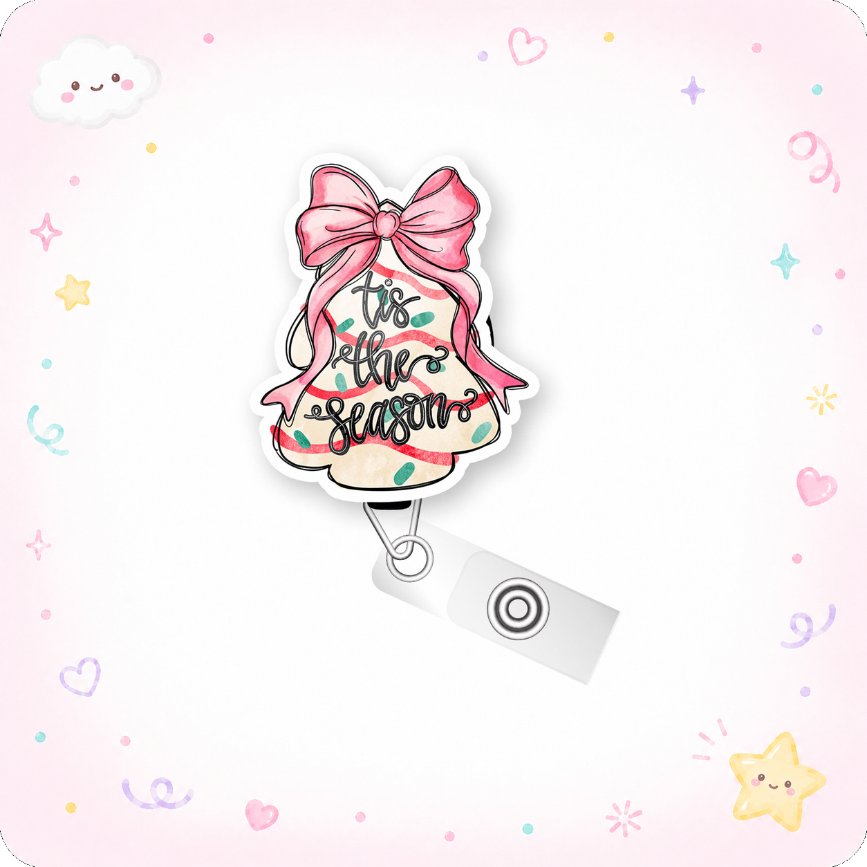Pink Bow Christmas Tree Snack Cake Pop Topper Swapfinity Retractable ID Badge Reel - - Topperswap