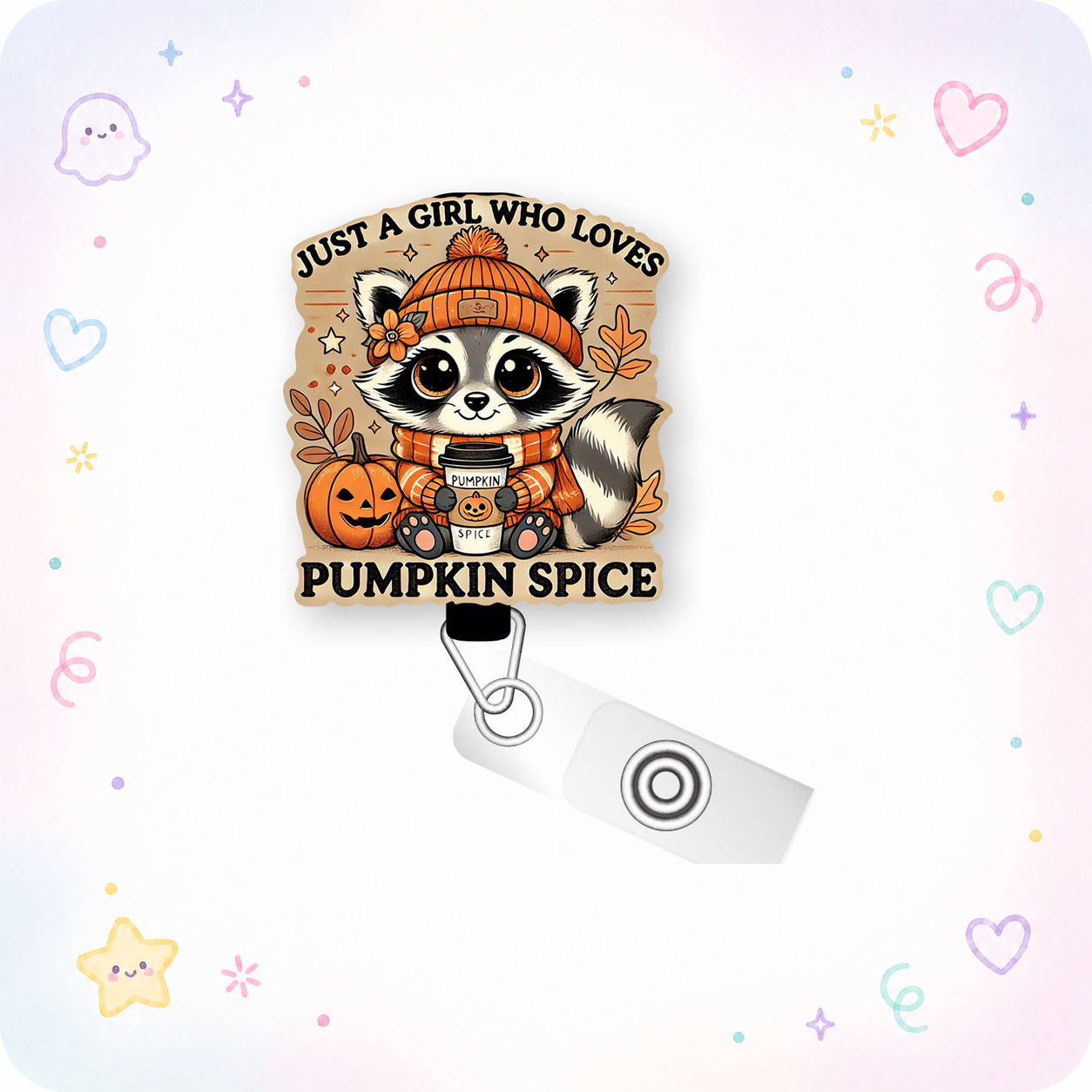 Pumpkin Spice Raccoon Pop Topper Swapfinity Retractable ID Badge Reel - - Topperswap