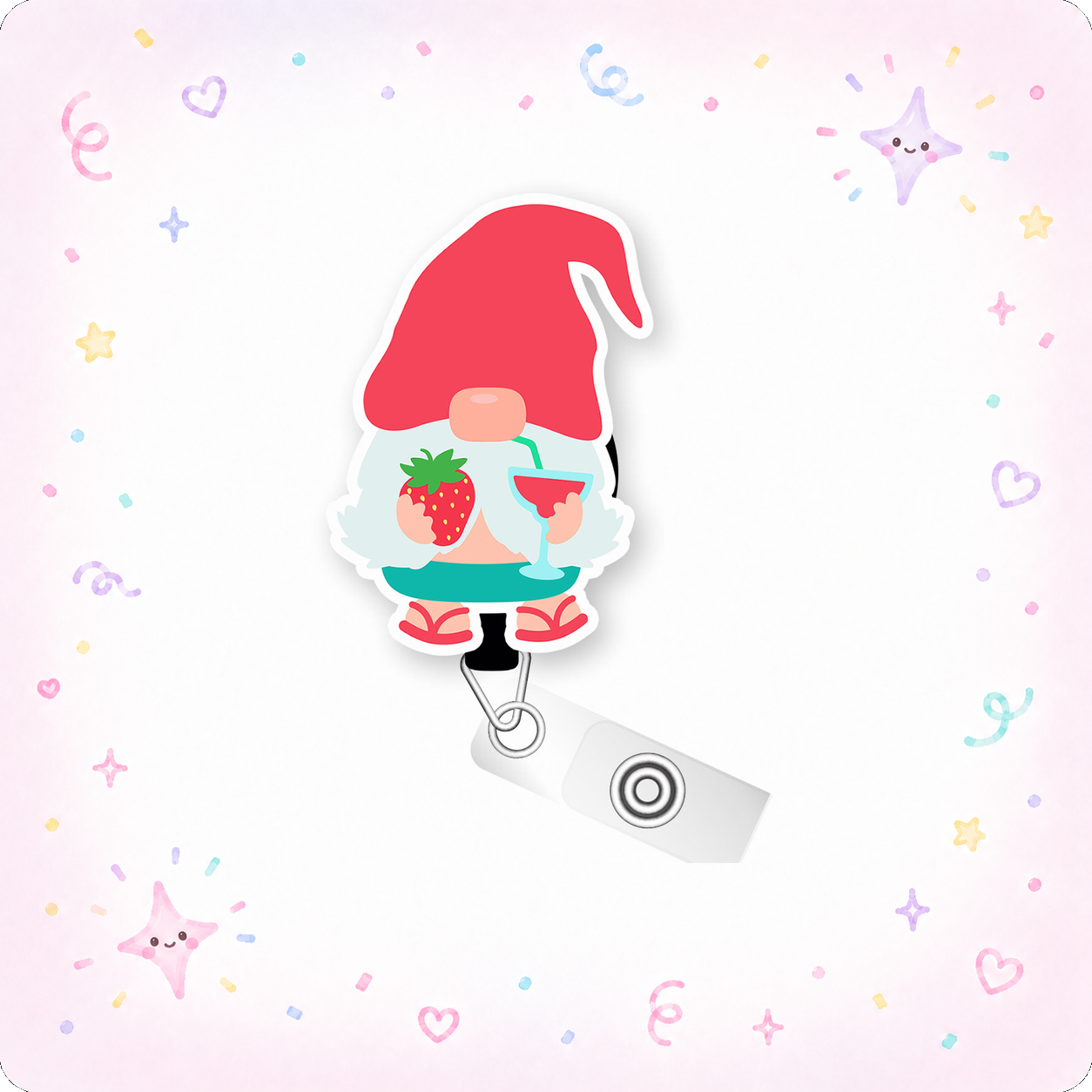 Strawberry Splash Gnome Pop Topper Swapfinity Retractable ID Badge Reel - - Topperswap