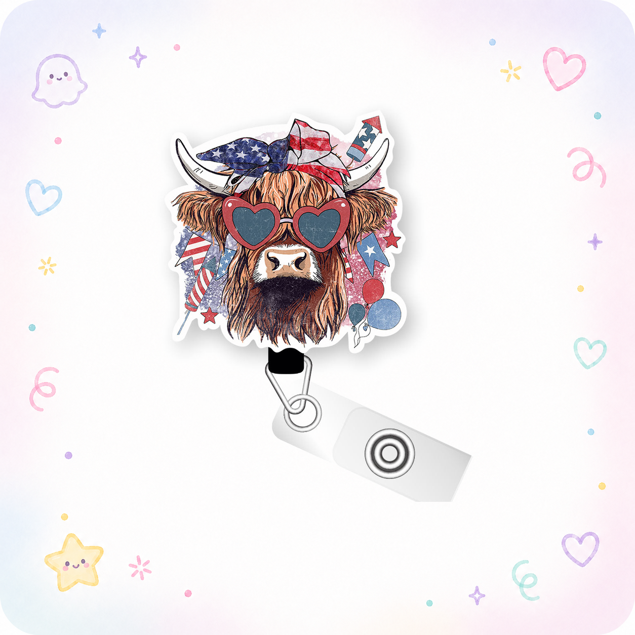 Classic Patriotic Cow Pop Topper Swapfinity Retractable ID Badge Reel - - Topperswap