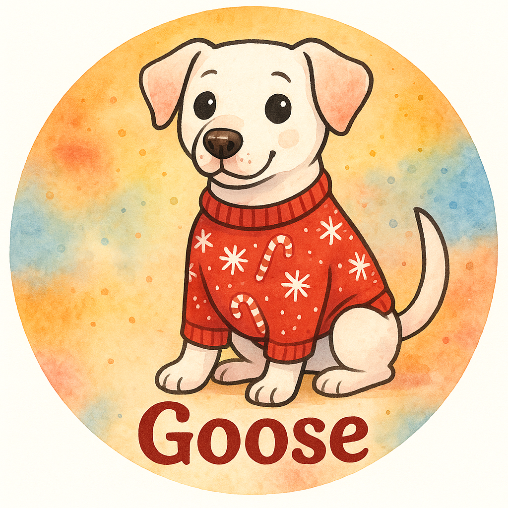 Goose wearing a cozy sweater with snowflakes and candy canes