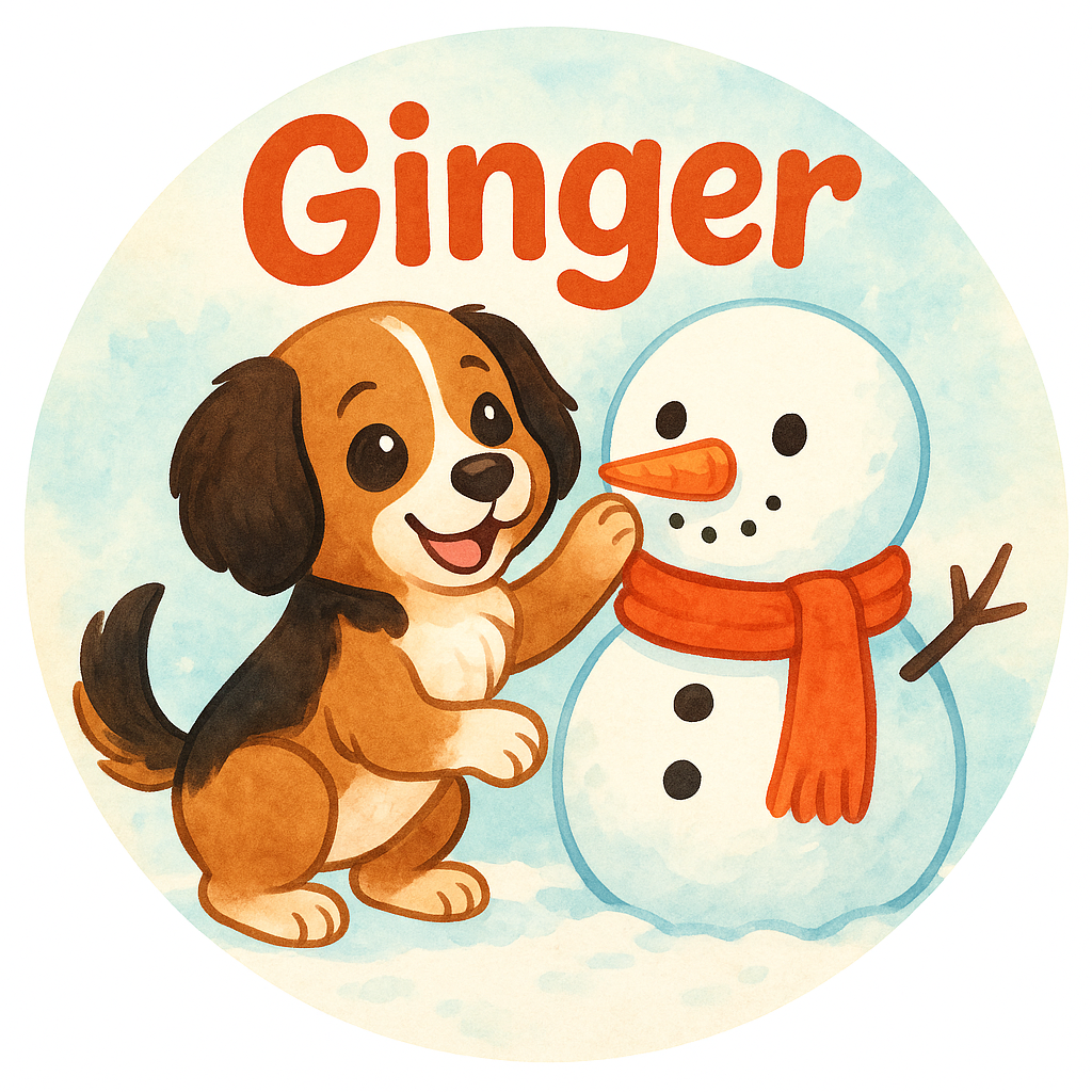 Ginger building a snowman with a carrot nose and scarf
