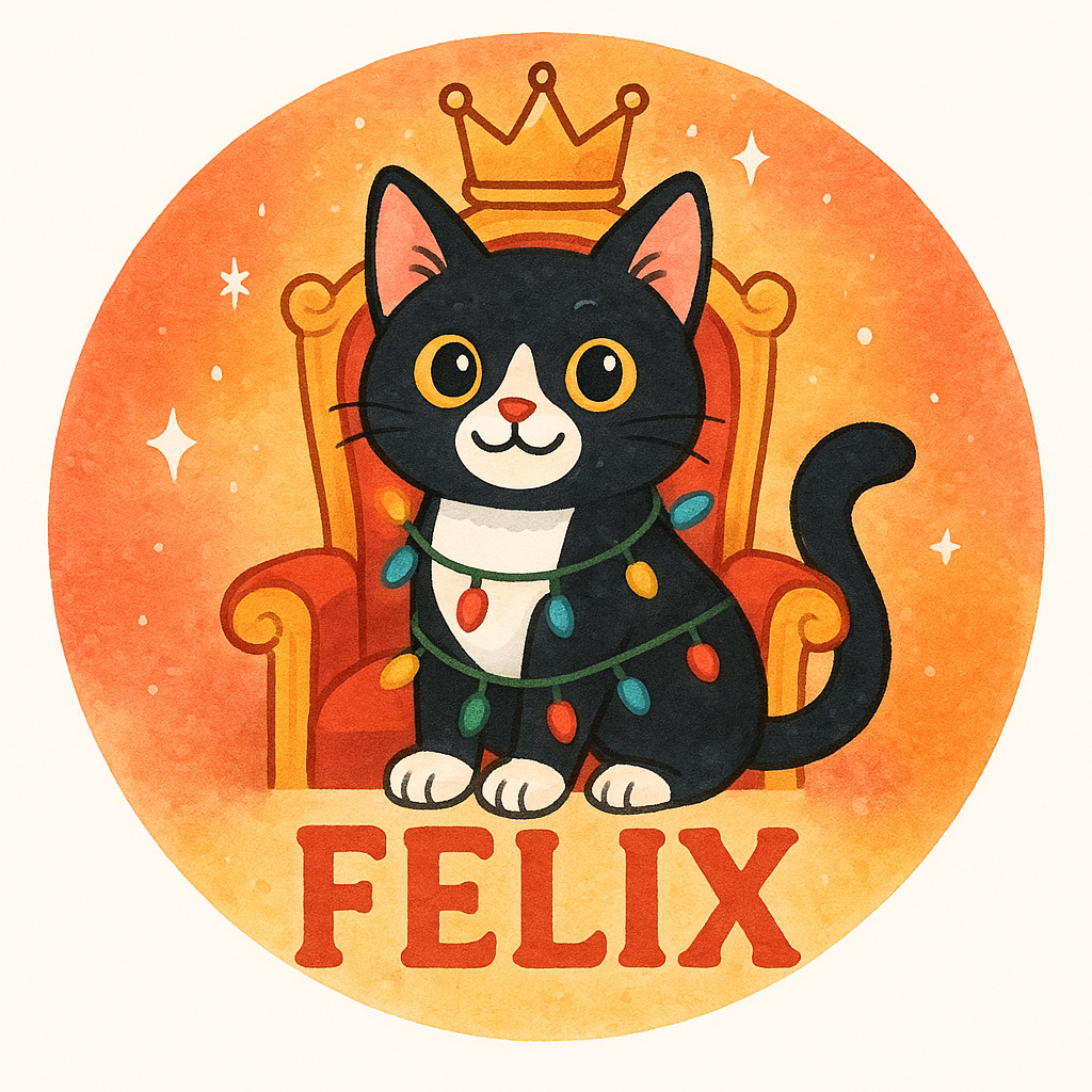 Felix wrapped in Christmas Lights on a Royal Throne with a C…