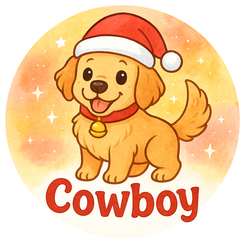 Cowboy wearing a Santa hat, with a jingling bell collar
