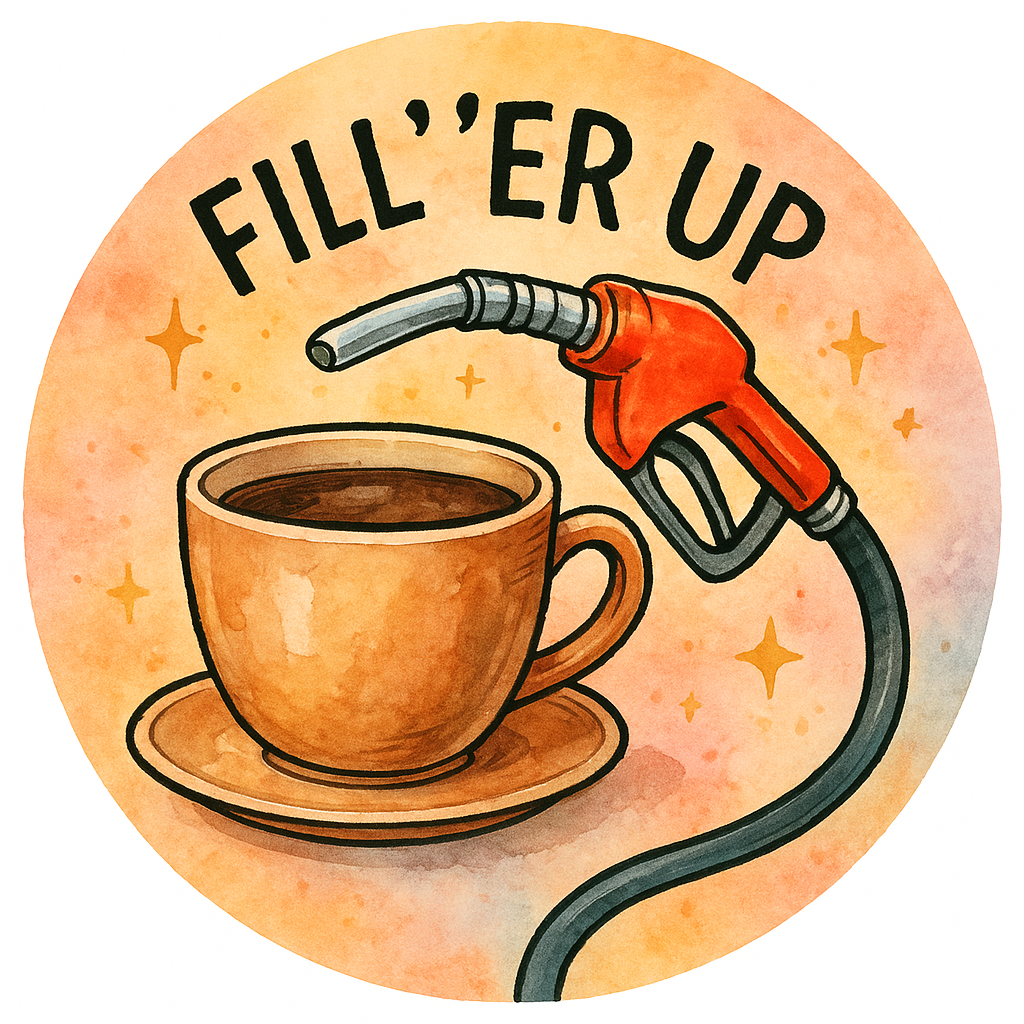 Coffee cup with gas nozzle with text 'Fill 'Er Up'