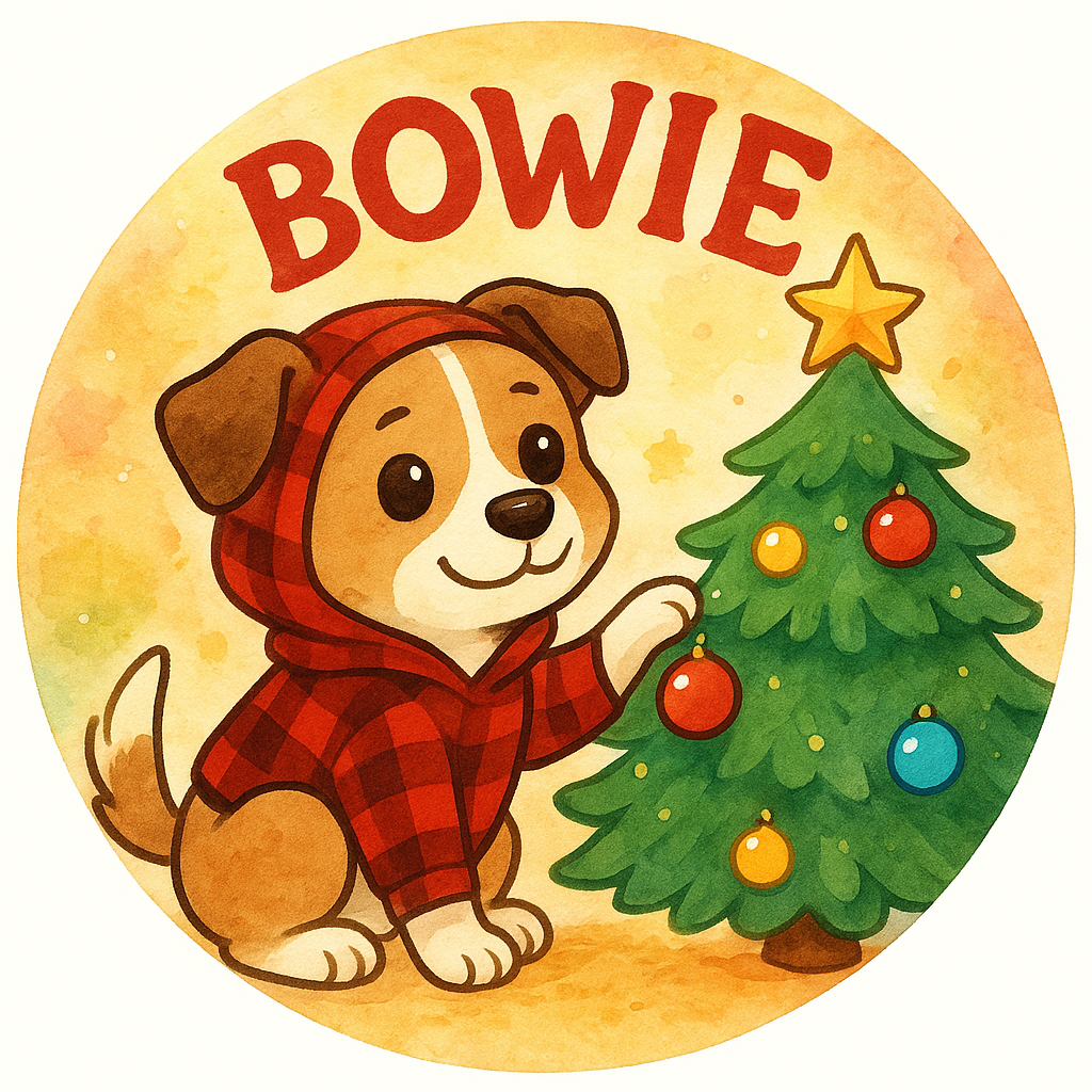 Bowie decorating a Christmas tree with shiny baubles