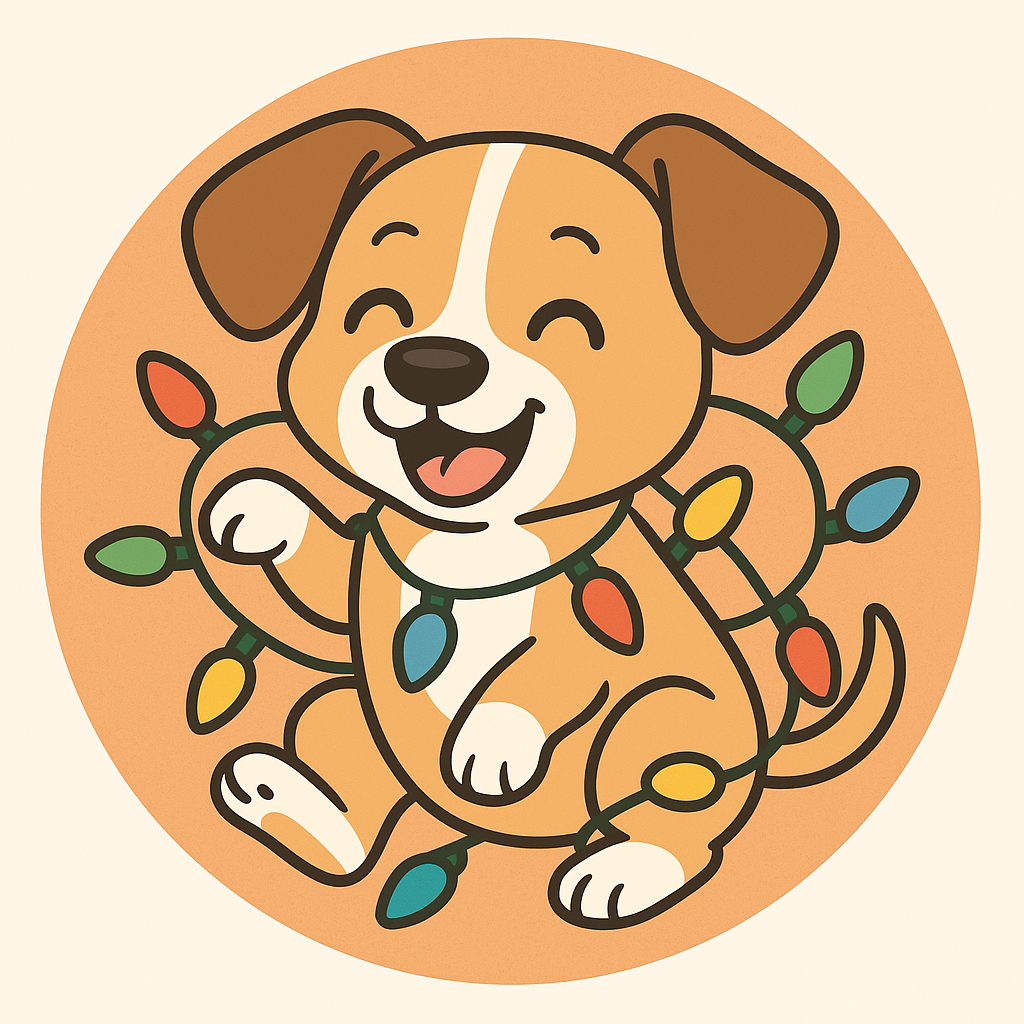 my pet tangled in colorful Christmas lights and giggling