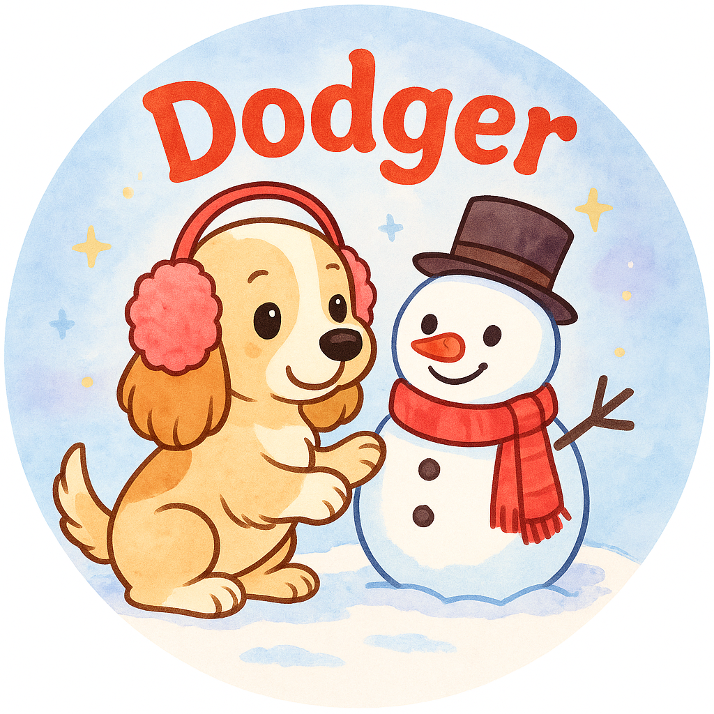Dodger wearing cozy earmuffs and building a snowman
