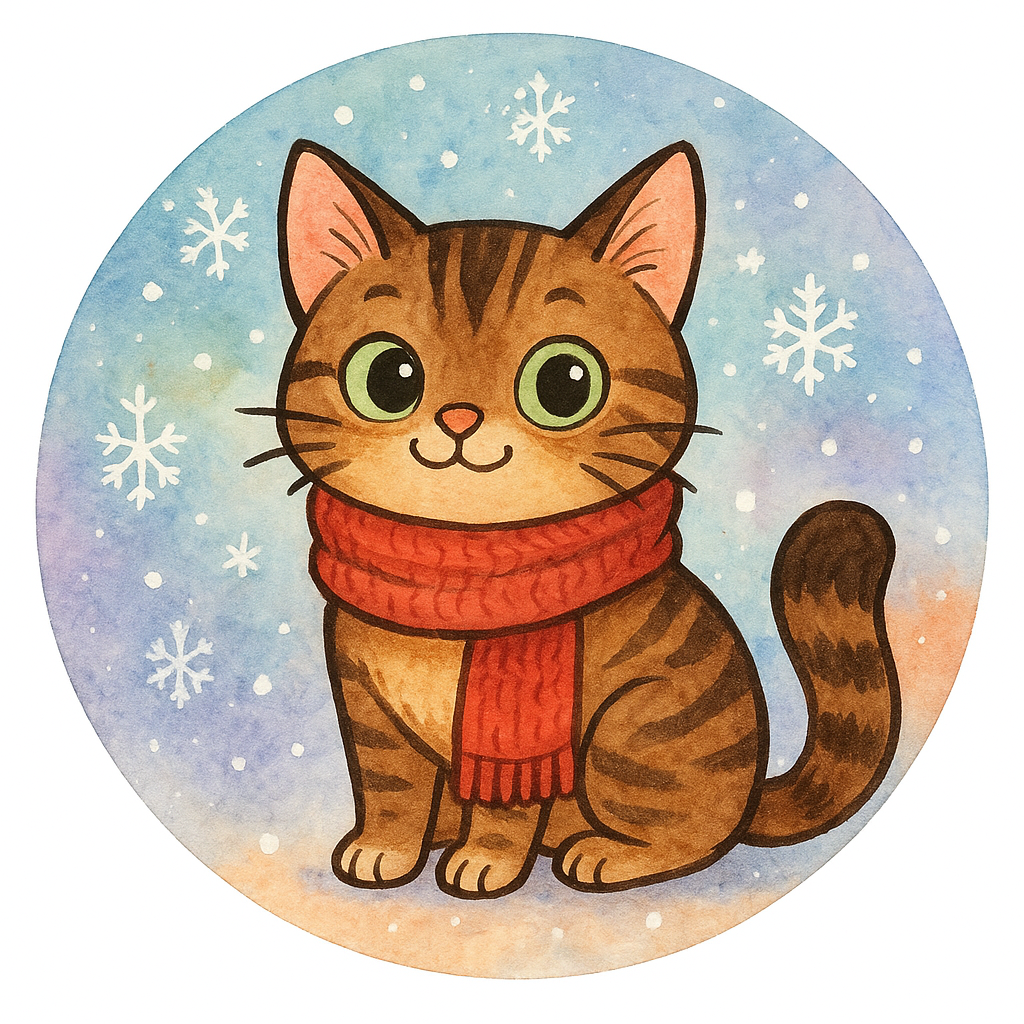 my pet wearing a cozy scarf with snowflakes falling