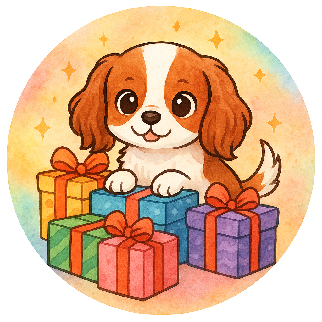 my pet peeking out from a pile of colorful presents