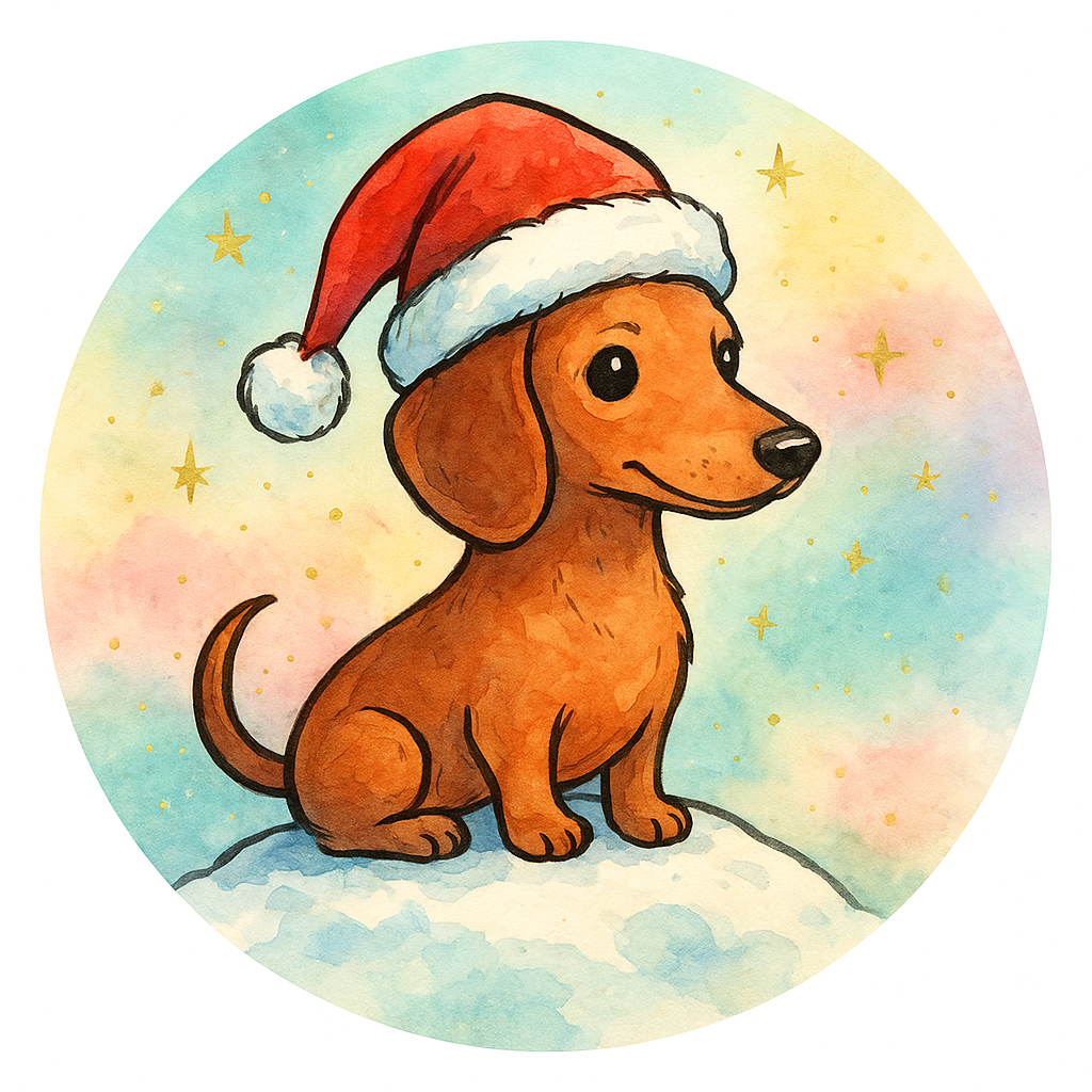 Dachsund wearing a christmas hat sitting on a snowbank